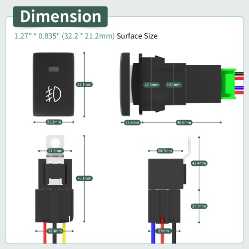 DR-PBS-T001-FOG-Y 12V ON/Off Push Button Fog Light Switch with Relay and Wire Connectors