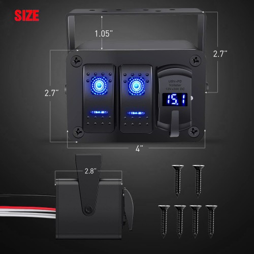 PN-L2S1-P21E 2 Gang Rocker Switch Panel Box with PD Type C and QC 3.0 USB Charger