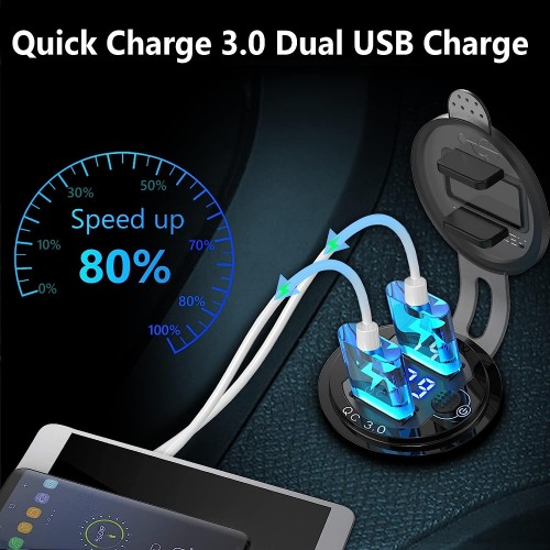 DS9602-S DC 12V Dual Quick Charge QC 3.0 USB Outlet with LED Voltmeter