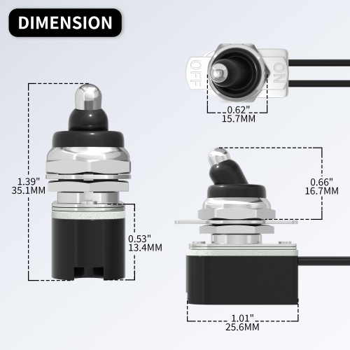 KNS-1+WPC-10 Waterproof 10A 12VDC SPST 2 Pin ON-OFF Medium Toggle Switch with Wires