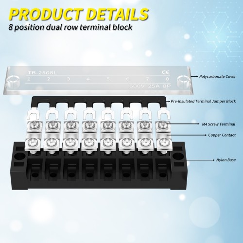 TB-2508 25A 600V 8 Position Dual Row Terminal Strip with Cover