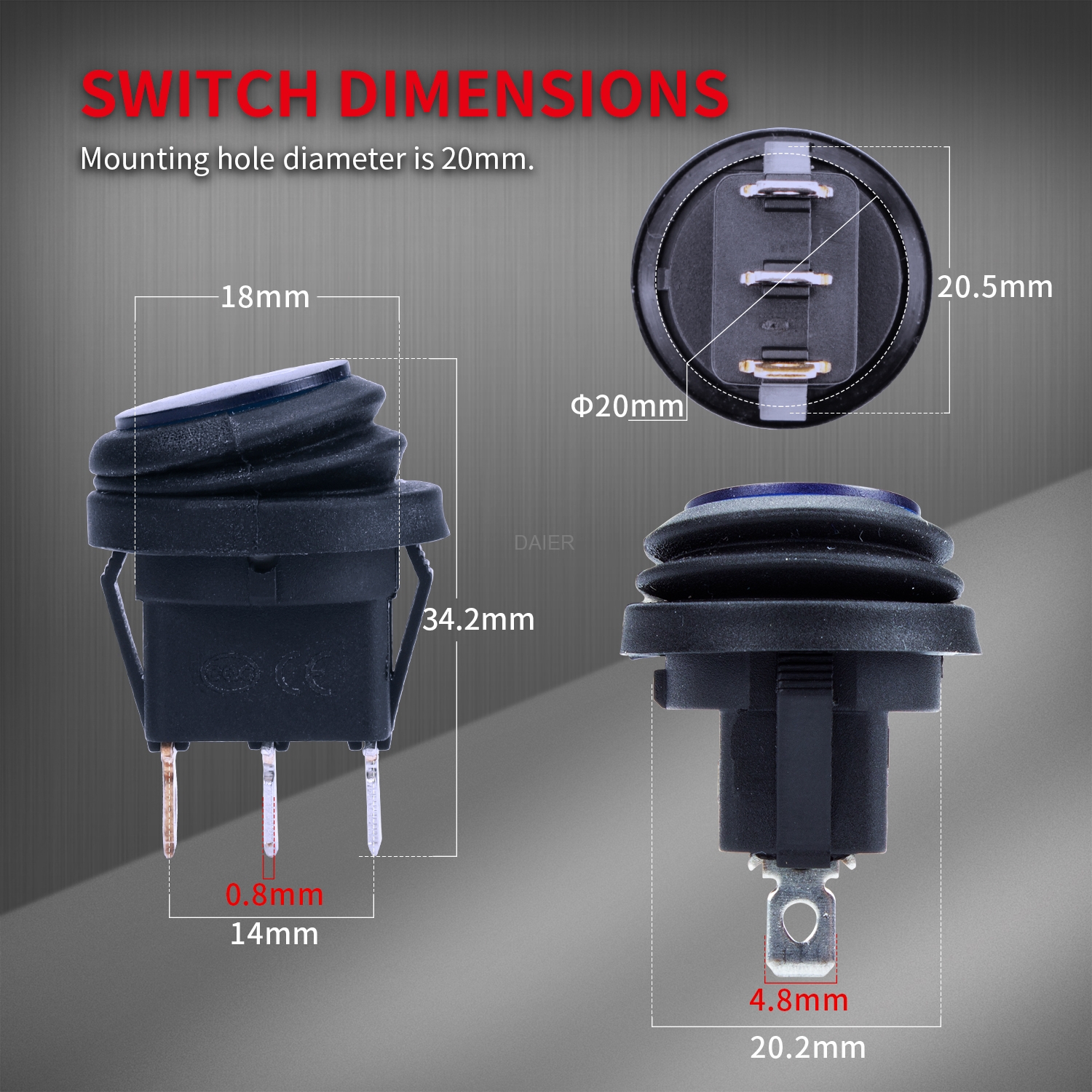 KCD1-8-101NW IP65 20A 12VDC Illuminated Round Waterproof Rocker Switch
