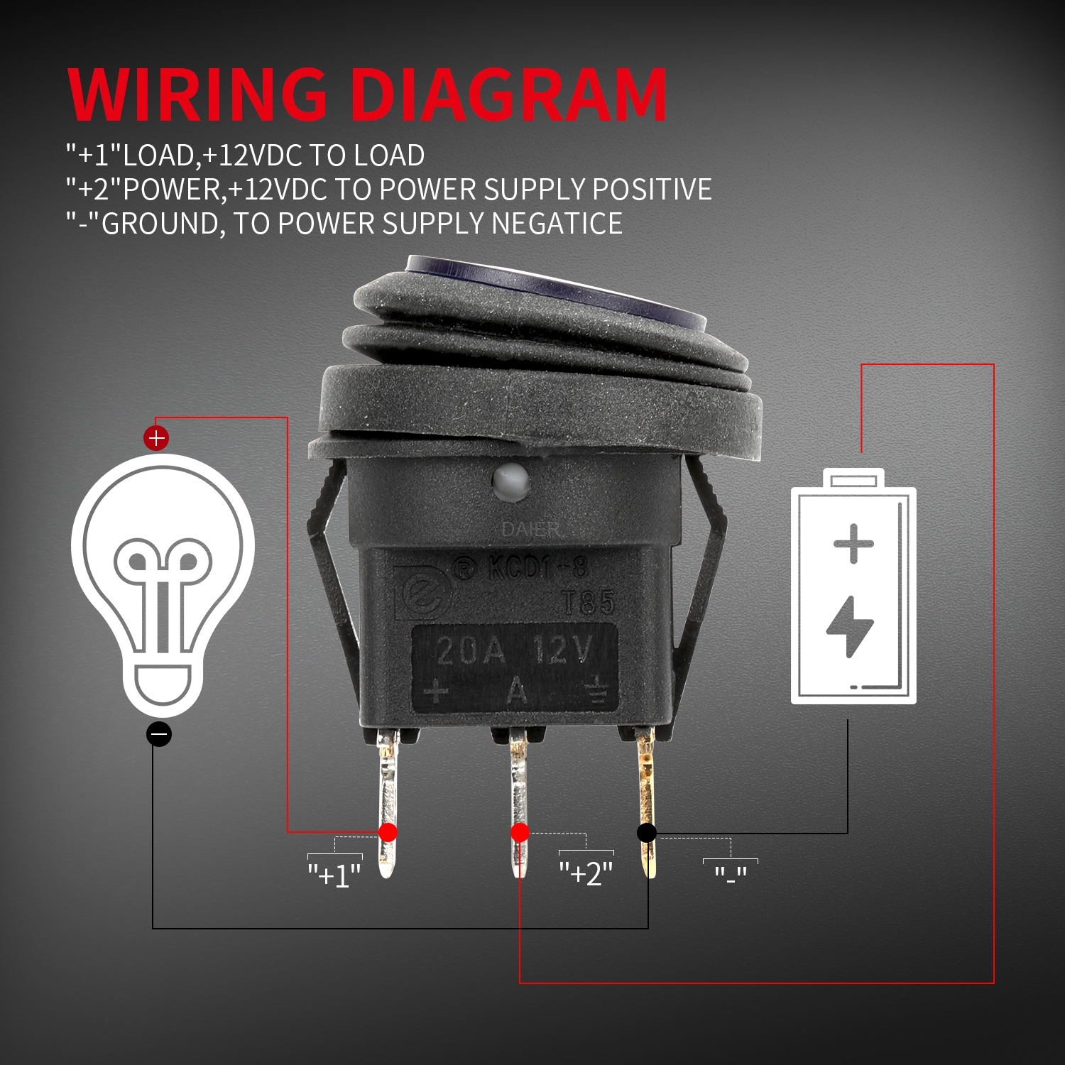 KCD1-8-101NW IP65 20A 12VDC Illuminated Round Waterproof Rocker Switch