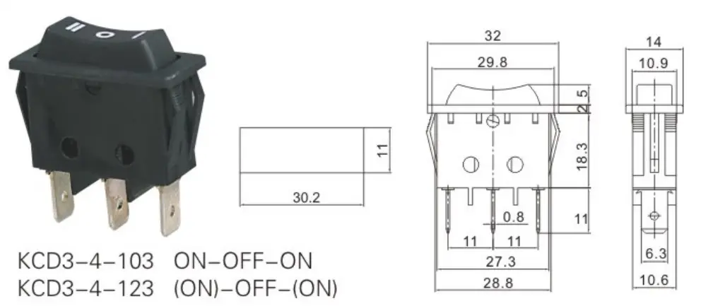 スリー three 4点セット KCD3 16A/250V 20A/125V 3 Position SPDT Rocker Switch
