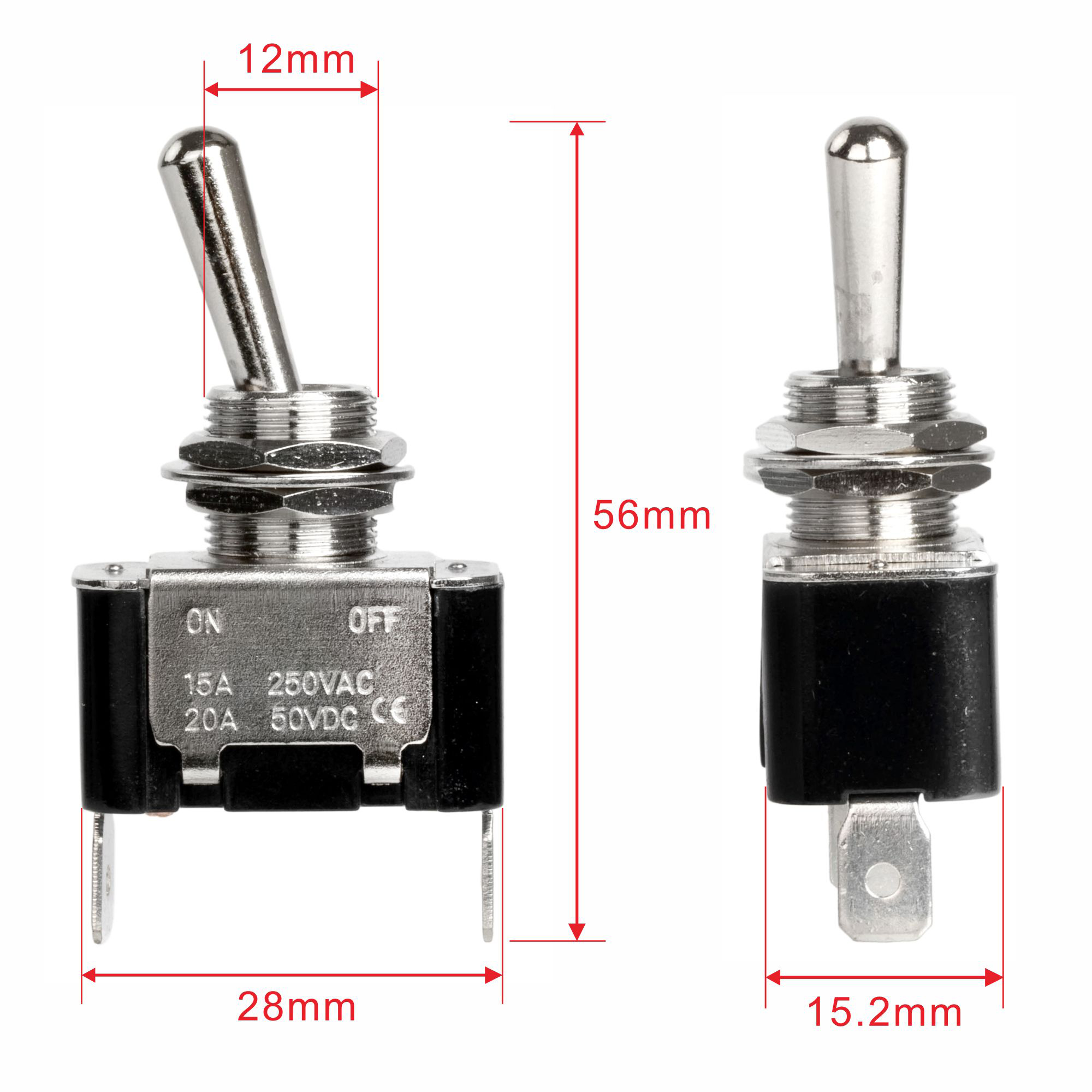 KN3A-101 15A 250VAC / 20A 12VDC SPST 2 Pin ON-OFF Toggle Switch Panel Mount with Screw/PC Terminals