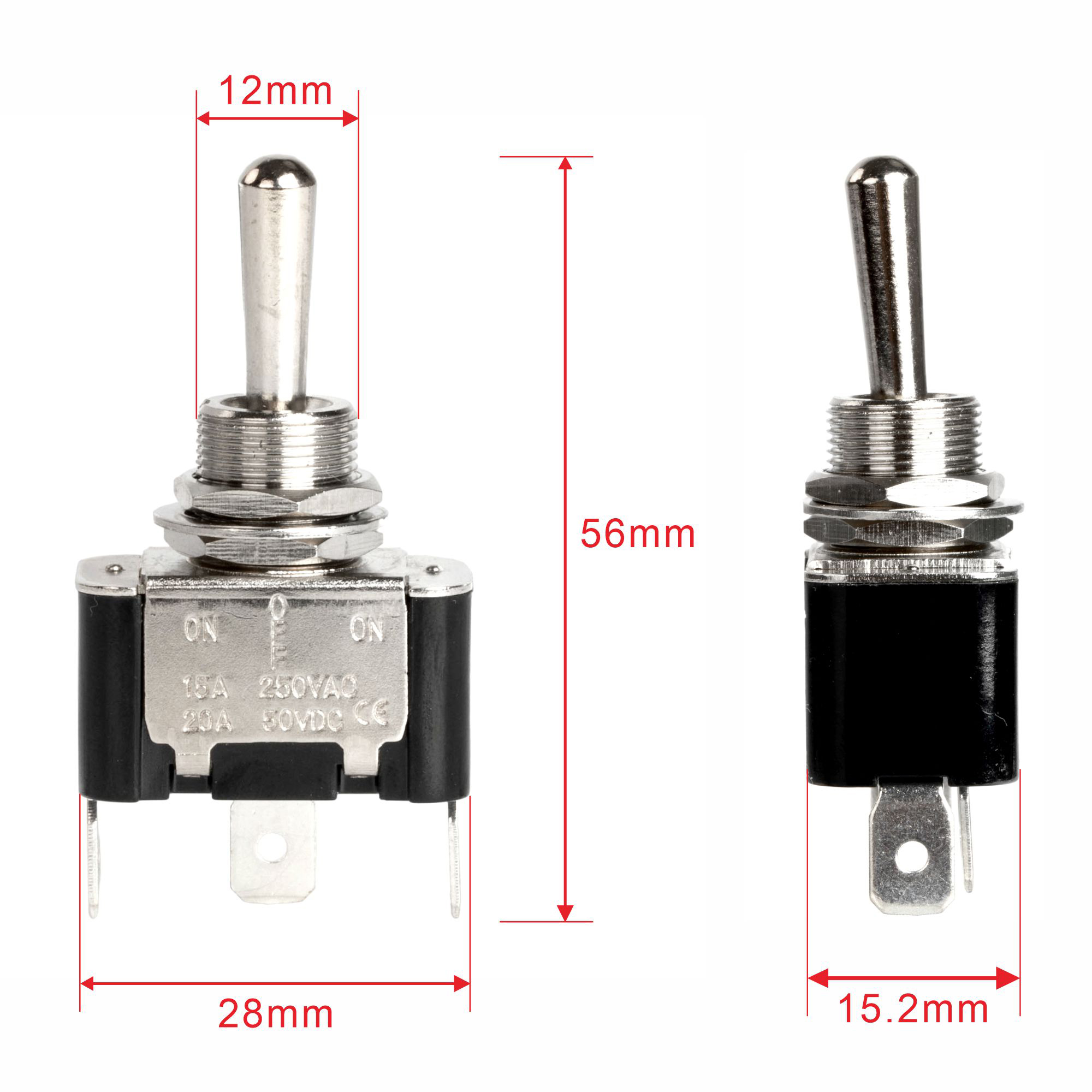 KN3A 15A 250VAC / 20A 12VDC SPDT 3 Pin Toggle Switch Panel Mount with Screw/PC Terminals