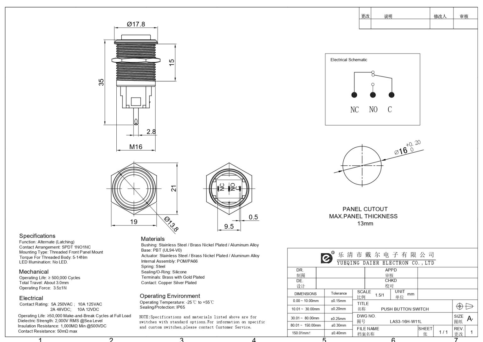 LAS3-16H-W11 High Head Waterproof Button Switch - DAIER