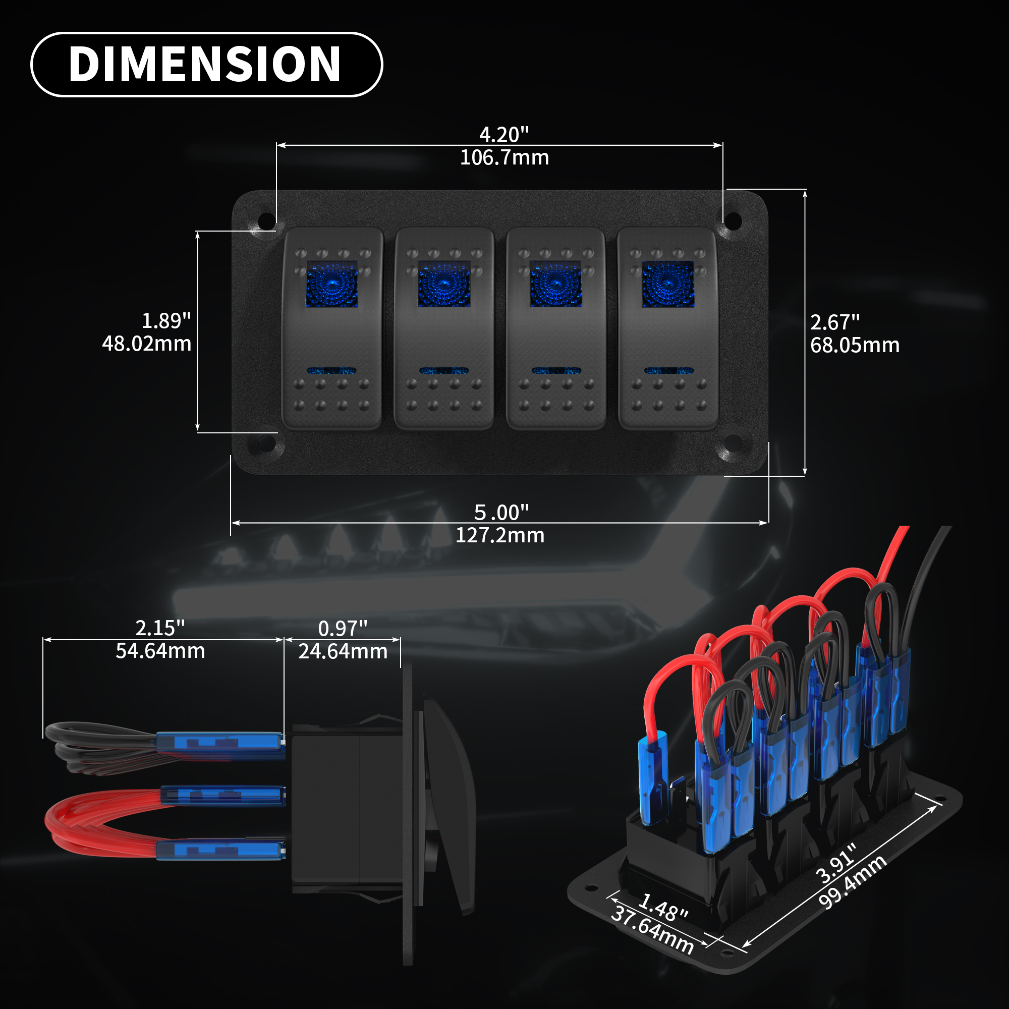 PN-1814 12/24V DC Dual LED 4 Gang Boat Rocker Switch Panel with Pre-wired