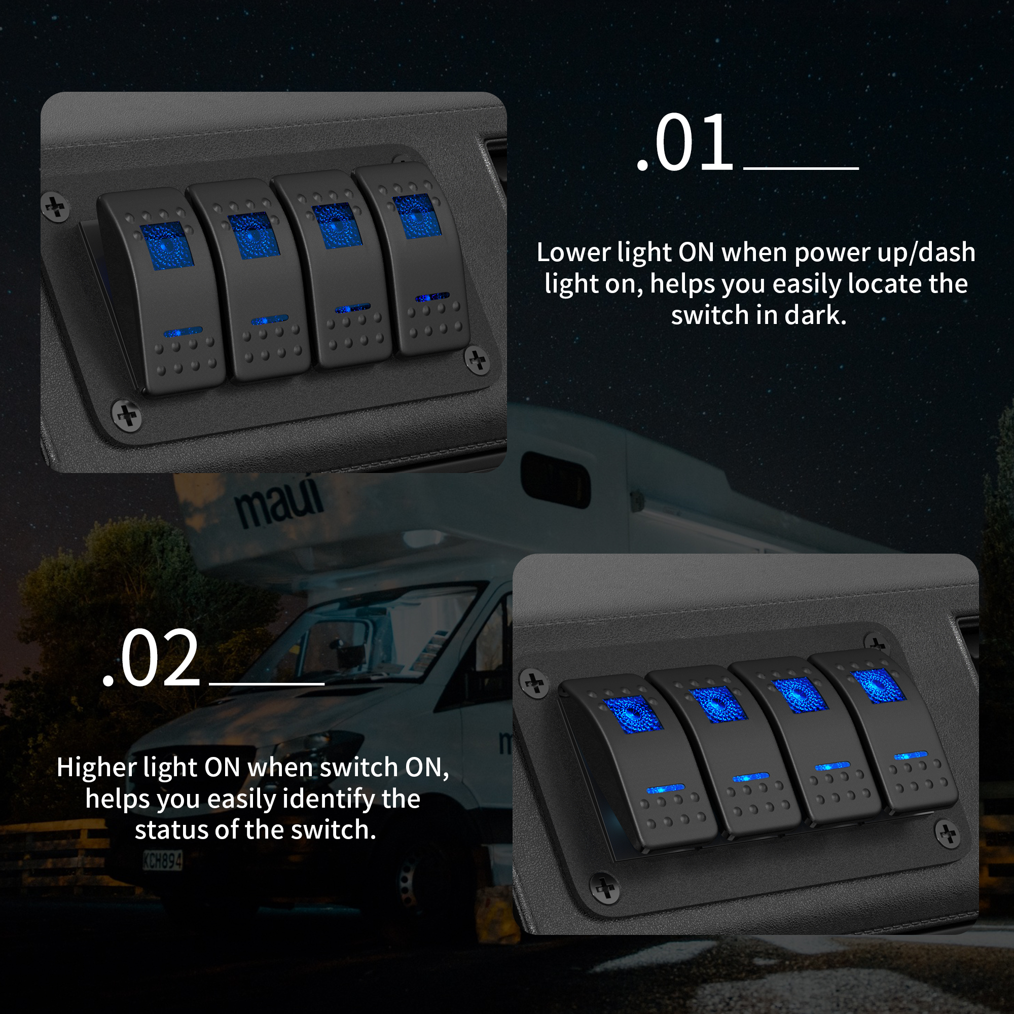 PN-1814 12/24V DC Dual LED 4 Gang Boat Rocker Switch Panel with Pre-wired