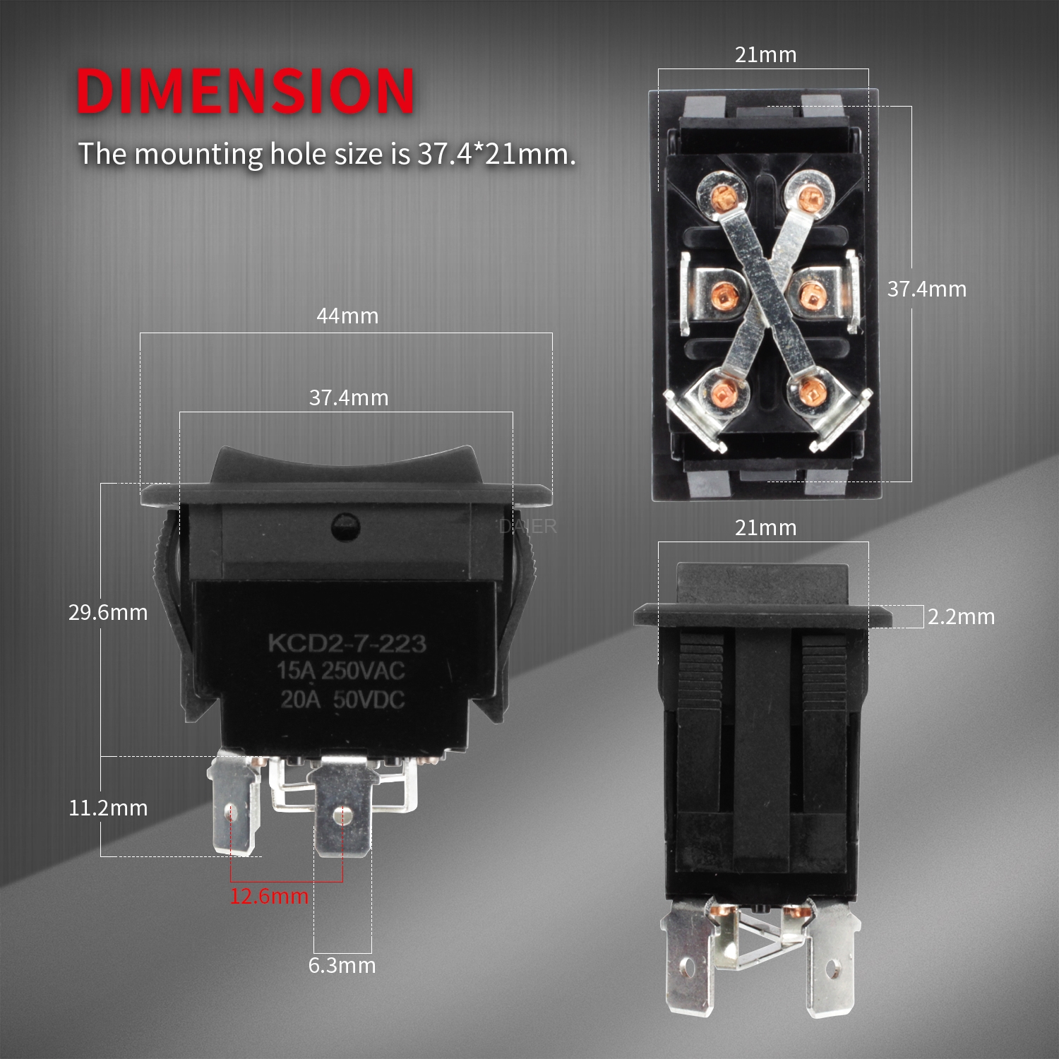 KCD2-7-223B DaierTek Reverse Rocker Switch