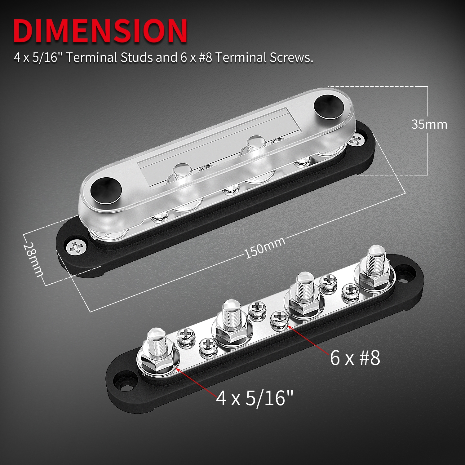 BB150-T4M8S6-C Copper 150A 12V Bus Bar with 4×M8 Studs & 6 x M4 Screws