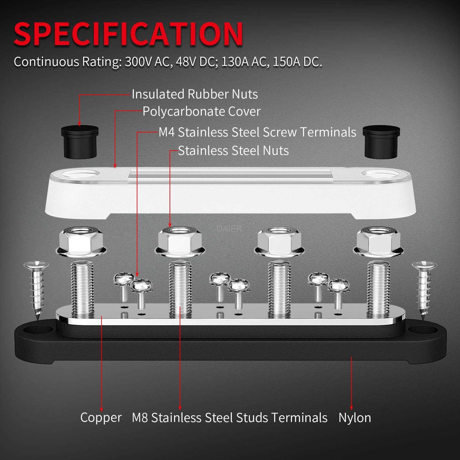 BB150-T4M8S6-C Copper 150A 12V Bus Bar with 4×M8 Studs & 6 x M4 Screws