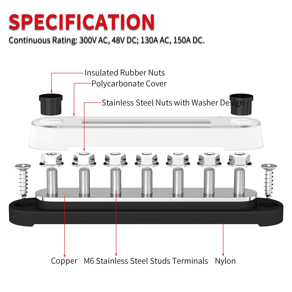 BB150-T7M6-C 150A 48VDC Marine Battery Distribution Block with 7×M6 Studs