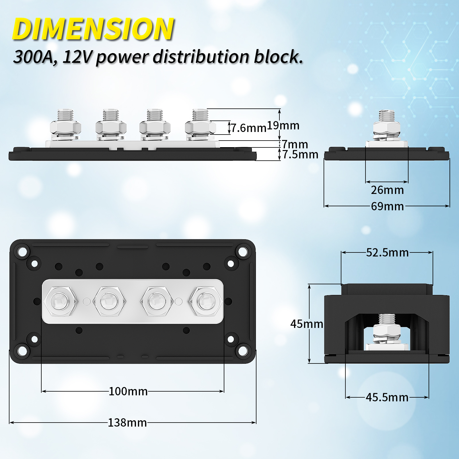 BB300-T4M8/M10-C-BOX1 300A 12V Distribution Block Bus Bar Box with 4×M10/M8 Studs