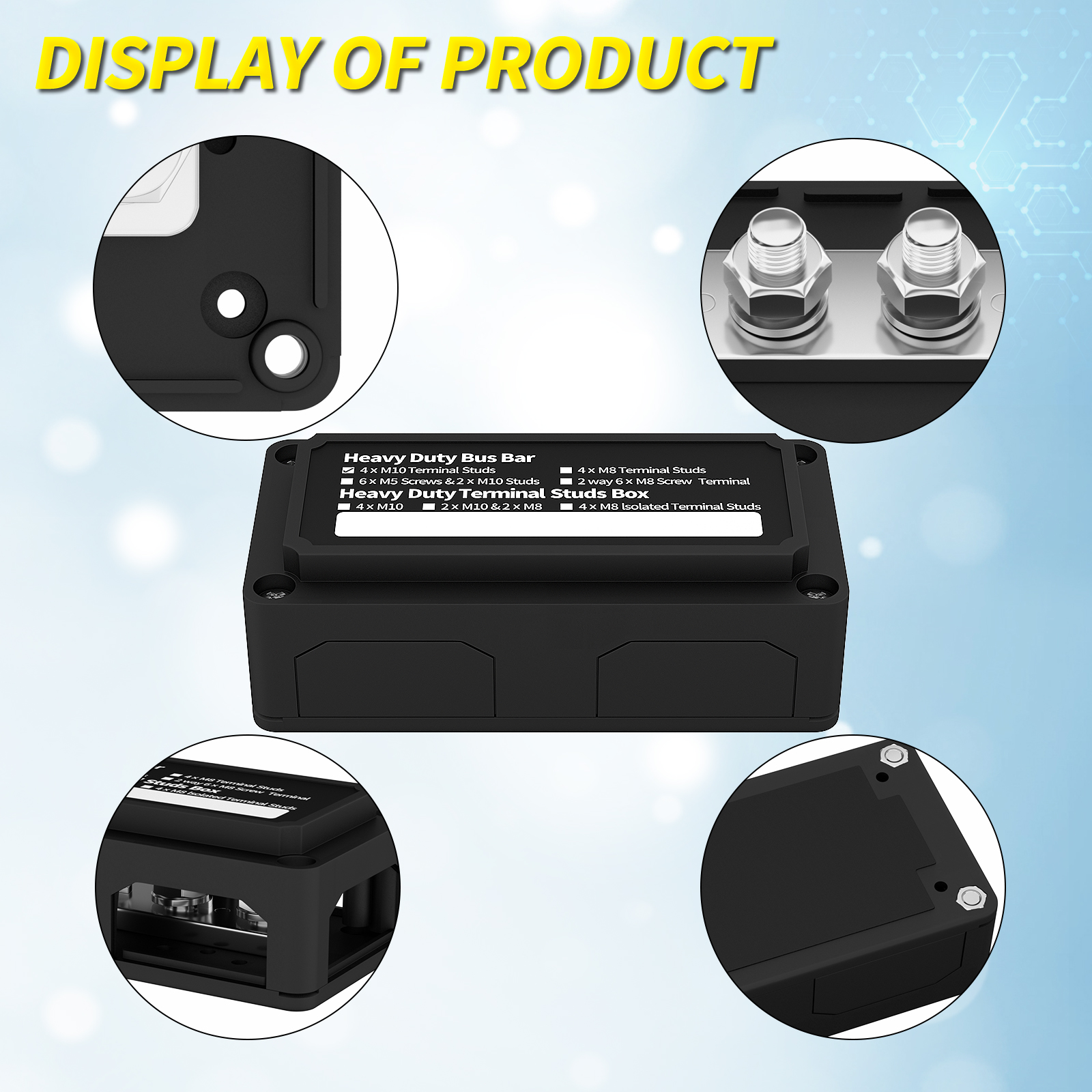 BB300-T4M8/M10-C-BOX1 300A 12V Distribution Block Bus Bar Box with 4×M10/M8 Studs