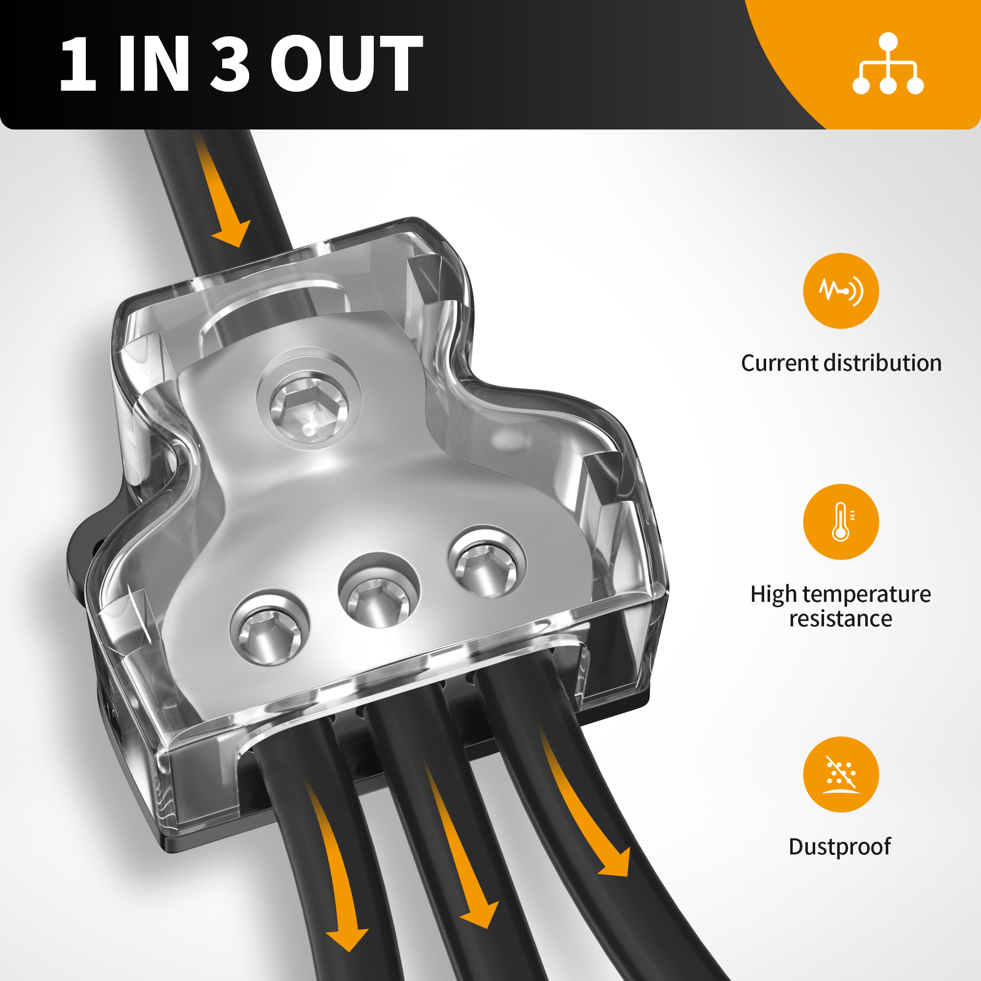 DB-27 3 Way Power Distribution Block with 1 X 0/2/4 Gauge In 3 X 4/8 Gauge Out