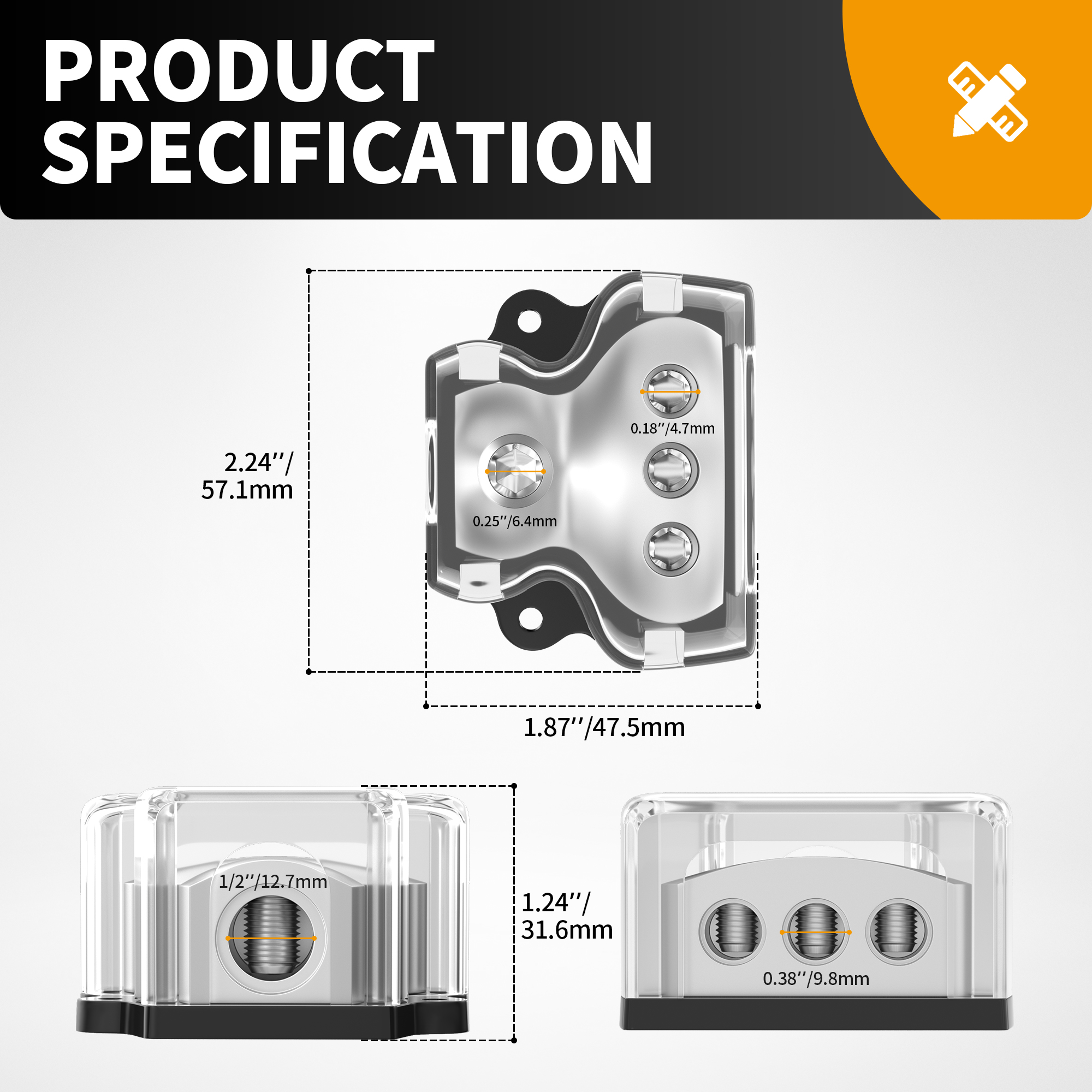 DB-27 3 Way Power Distribution Block with 1 X 0/2/4 Gauge In 3 X 4/8 Gauge Out