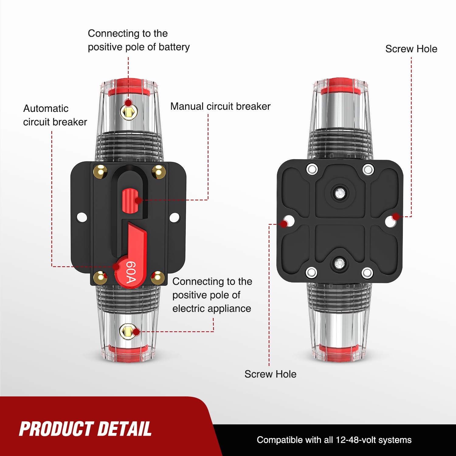 CB-01 20A-150A 12V-24V DC Automotive Inline Circuit Breaker with Manual Reset Fits 3-15 AWG & 0-10 AWG Wires
