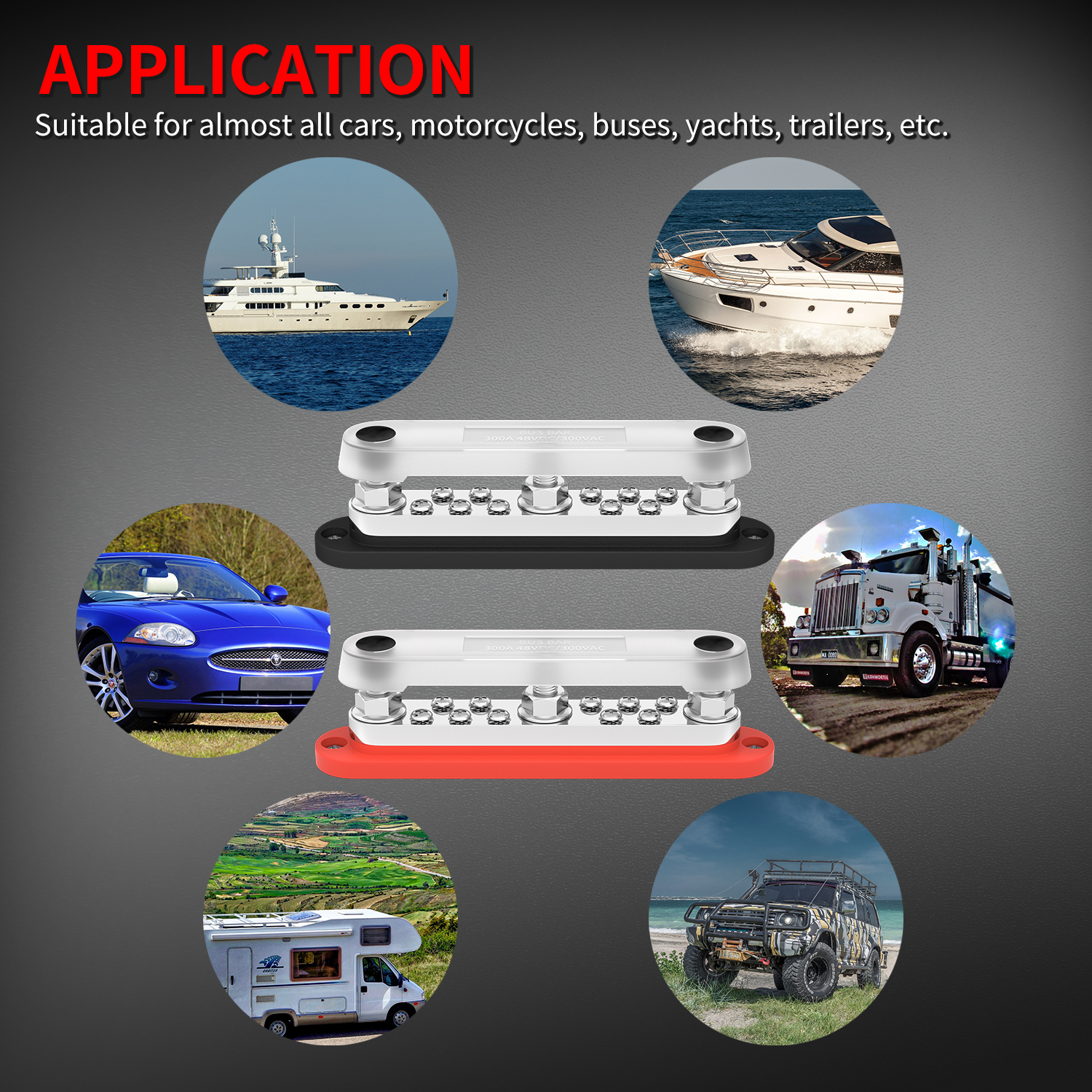 BB300-T3M10S10-C 48V DC 300A 3×M10 Studs and 10×M4 Screws Marine Bus Bar