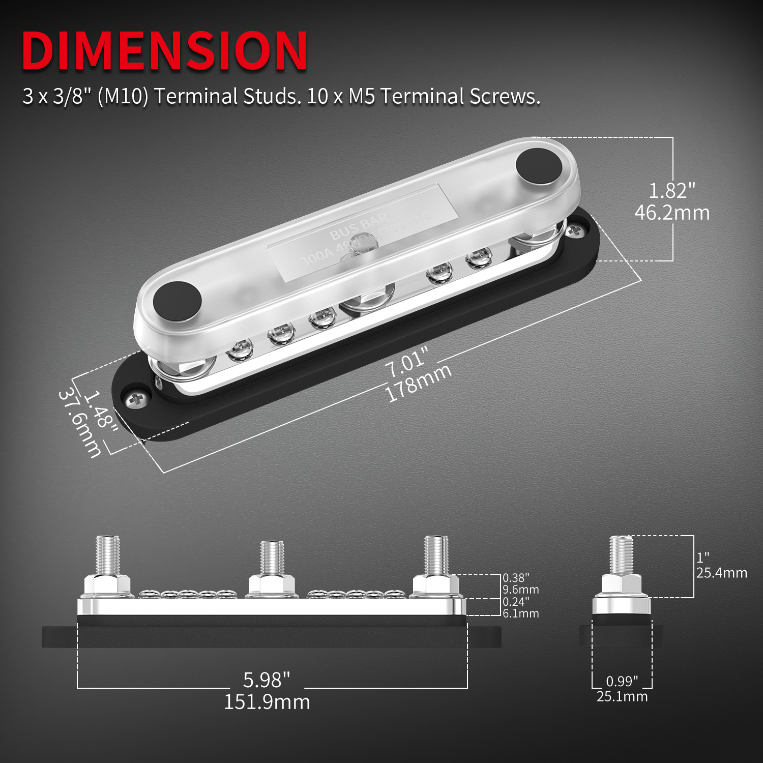 BB300-T3M10S10-C 48V DC 300A 3×M10 Studs and 10×M4 Screws Marine Bus Bar