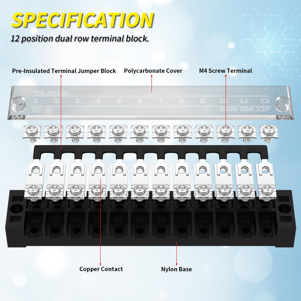 2x Bornier De Connexion 600V 35A – 4 Positions, Double Rangée, Uxcell, Neuf