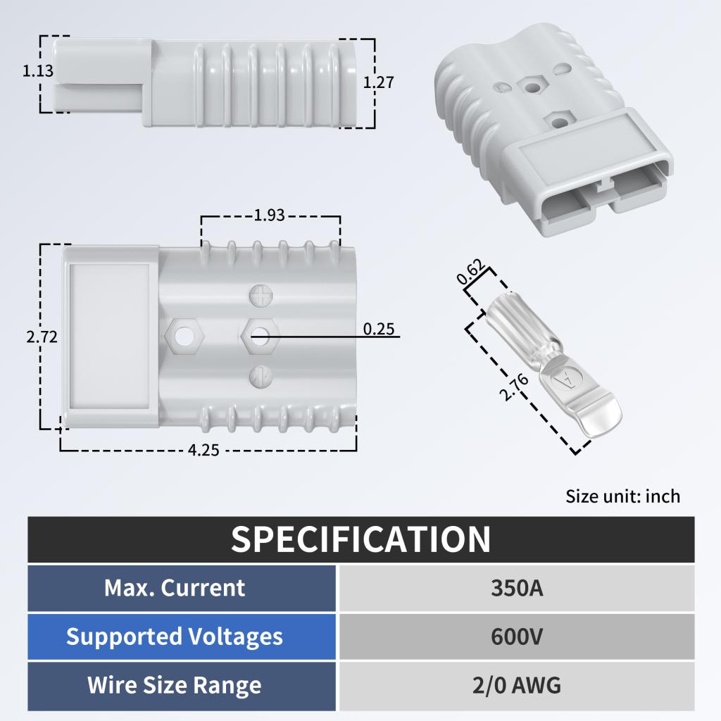Connettore A Spina 350A 600V Tery SH350 – Doppio Polo Per Auto, Barca E Impianti Solari, Terminali Placcati Argento, Maniglia E Tappo Antipolvere