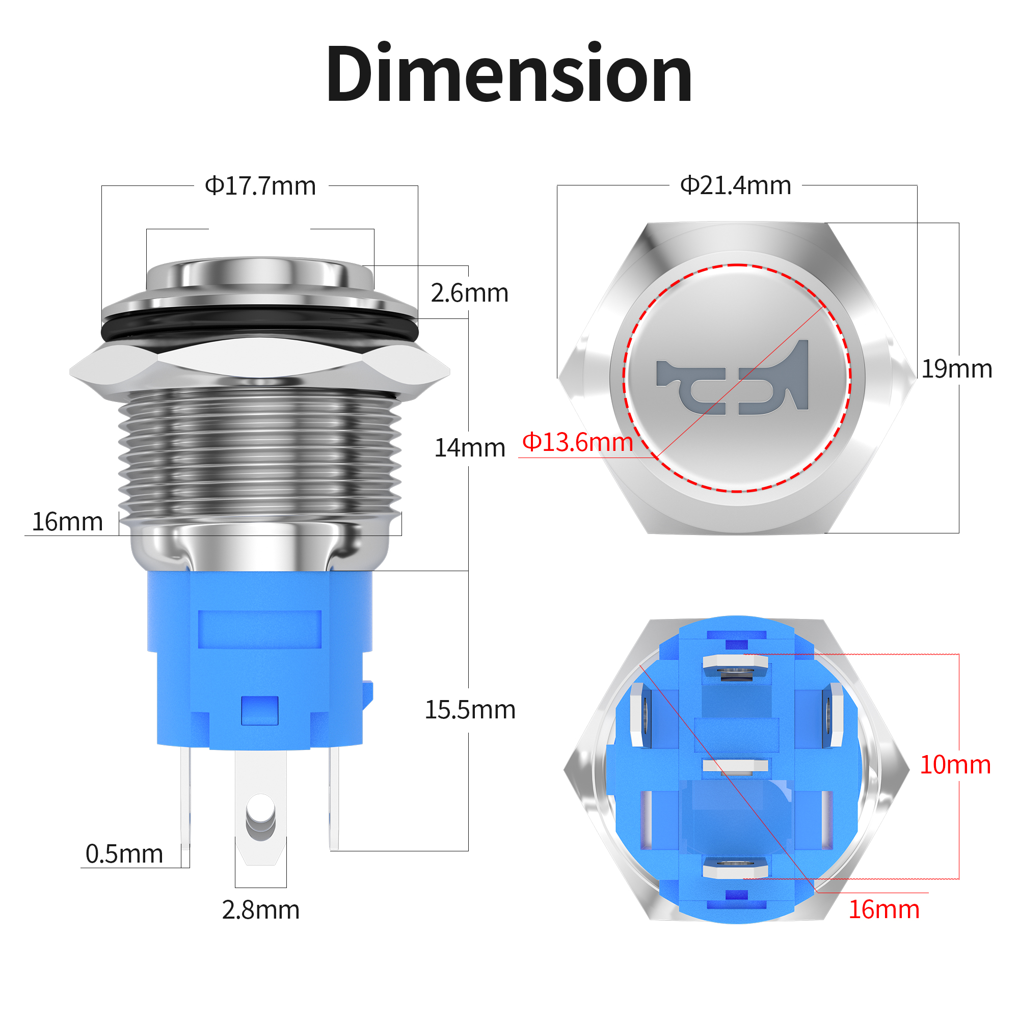 LAS3-16H-11EM-A/N-HORN 16mm High Button Momentary LED Lighted Push Button Horn Switch