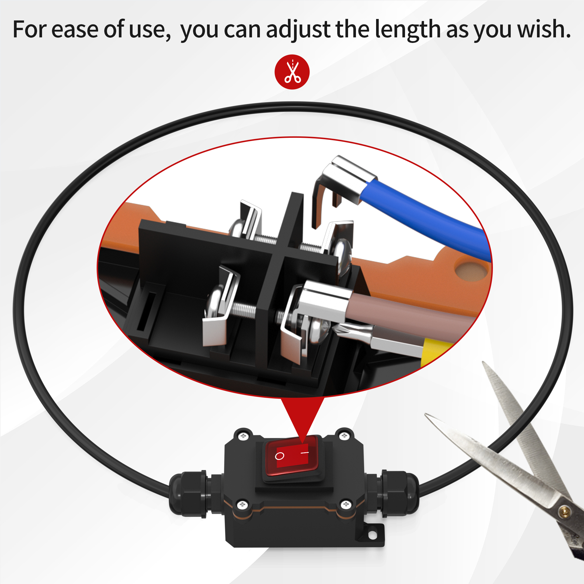 KCD2-201NWS-B-PN-R-W1 IP66 12V DC 30A ON-OFF DPST Inline Cord Switch with Red Light