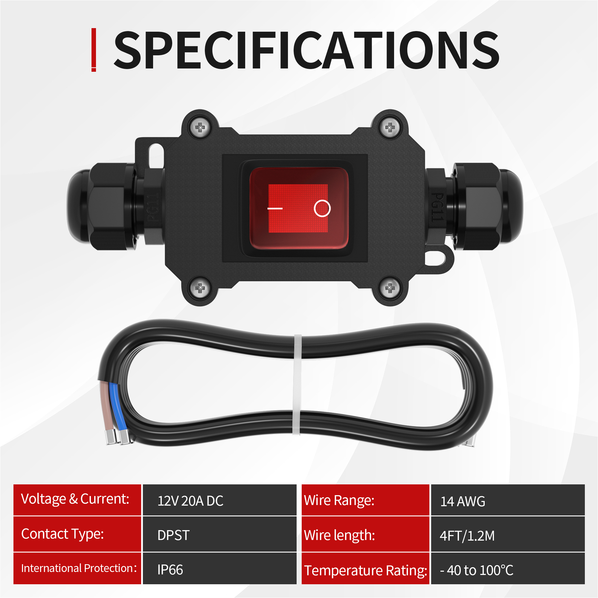 KCD2-201NWS-B-PN-R-W1 IP66 12V DC 30A ON-OFF DPST Inline Cord Switch with Red Light
