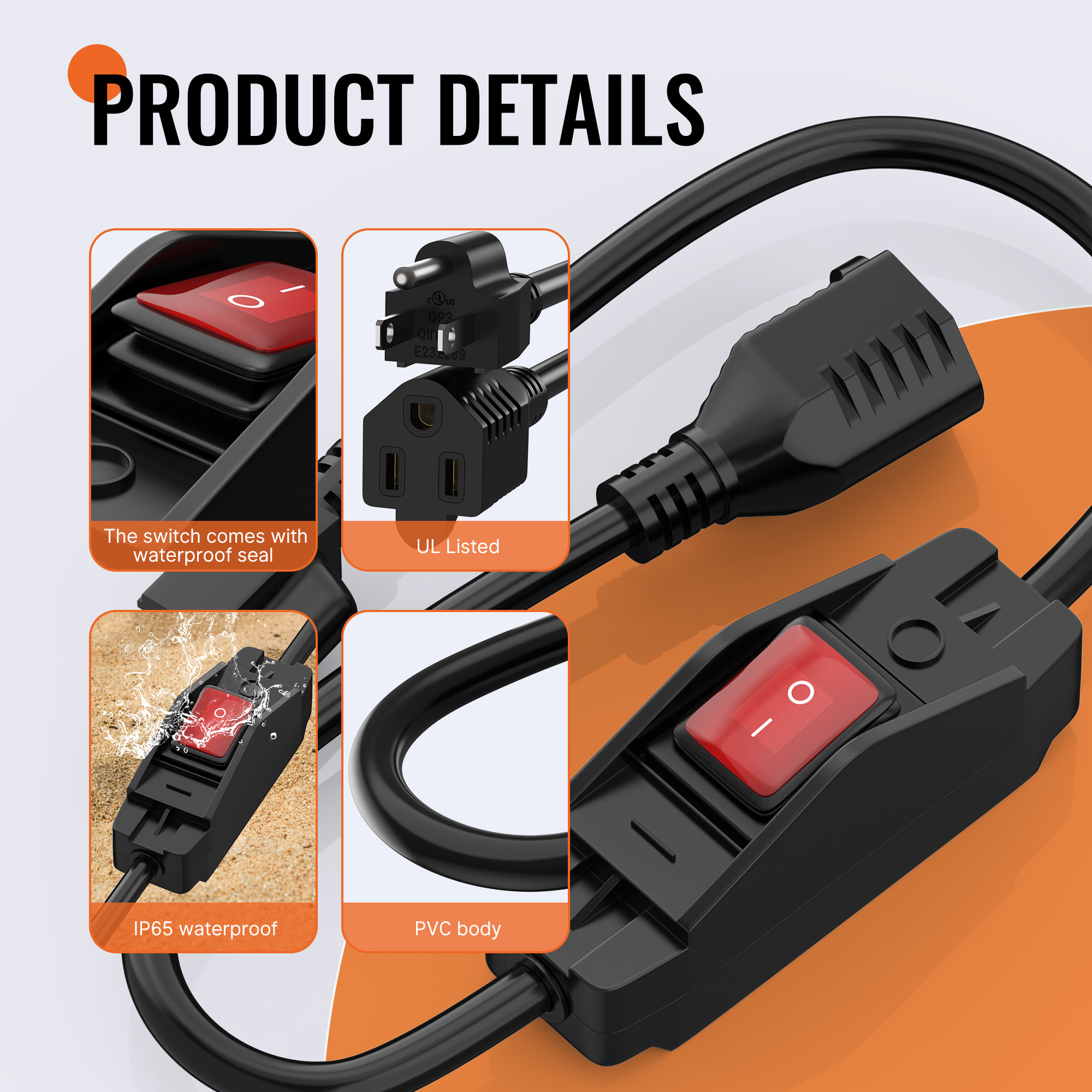 KCD5-308W1 IP65 Waterproof 125V/250V 14AWG Outdoor Extension Cord with Switch