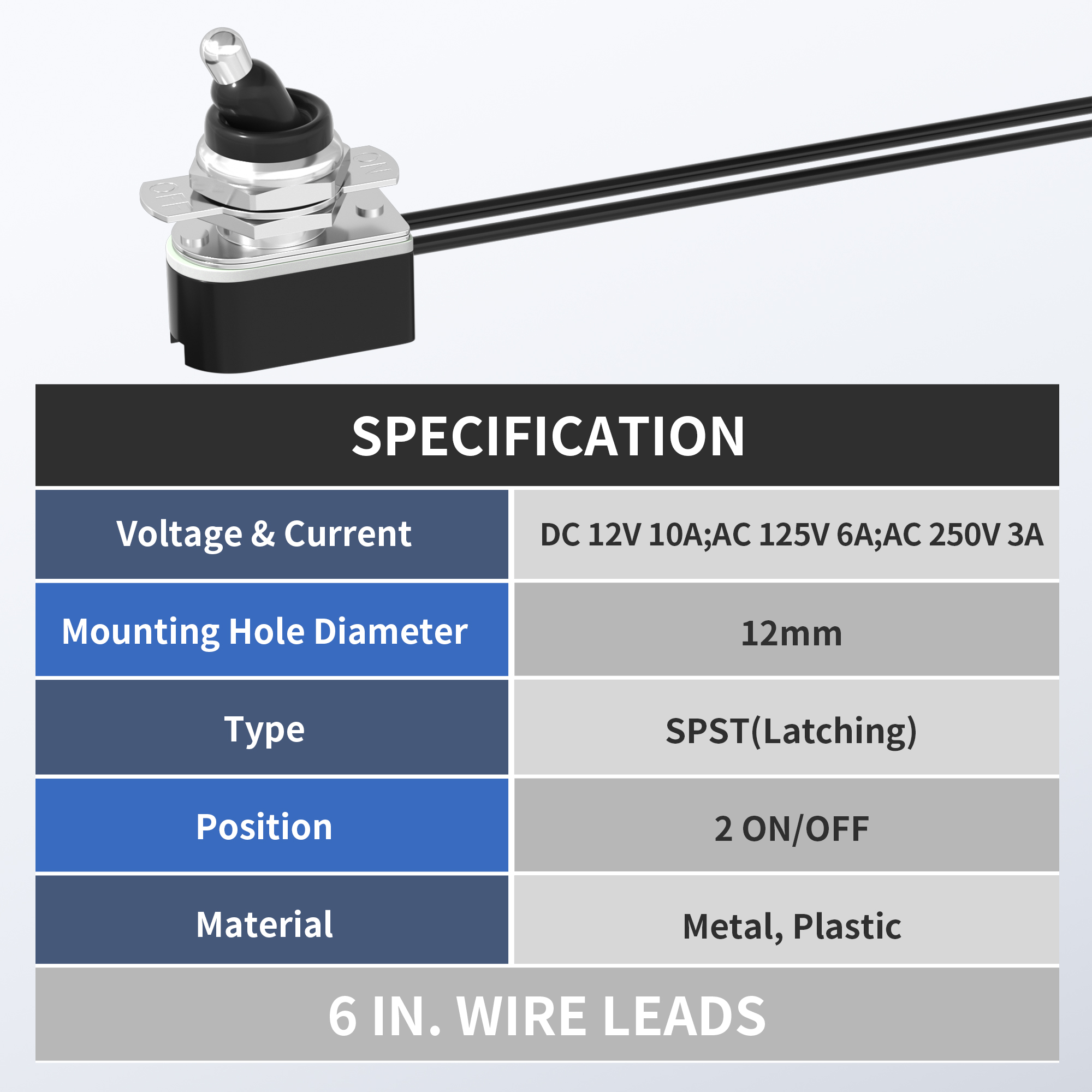 KNS-1+WPC-10 Waterproof 10A 12VDC SPST 2 Pin ON-OFF Medium Toggle Switch with Wires
