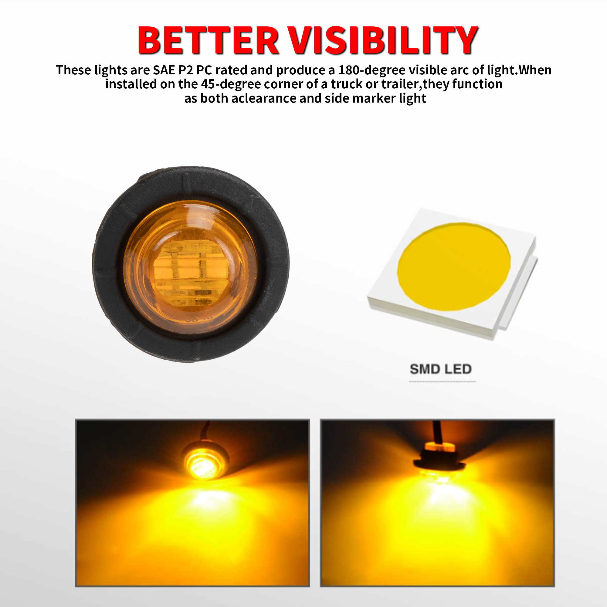 AUXITO 10-Pack 3/4" Bullet Round LED Side Marker Lights – White, 12V, IP67 Waterproof, Smoked Lens