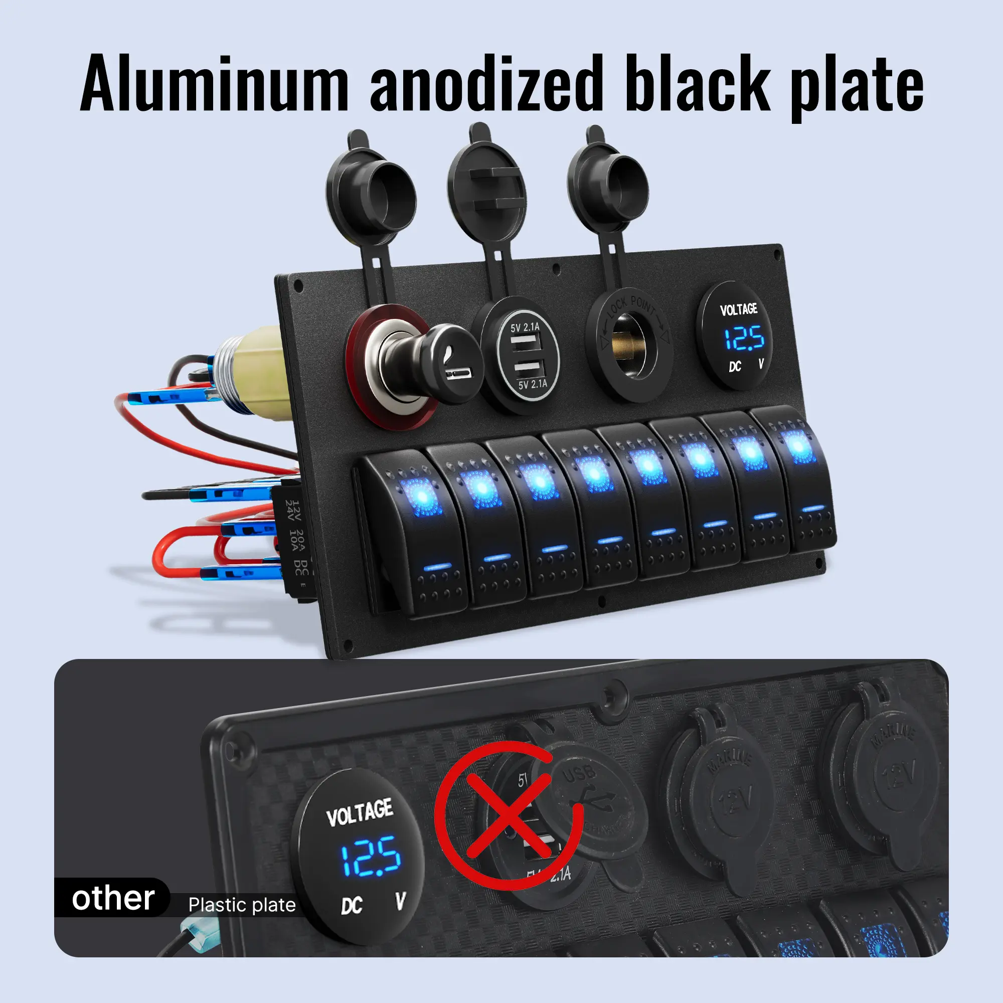12-24V Waterproof LED 8 Gang Rocker Switch Panel With Pre-wired