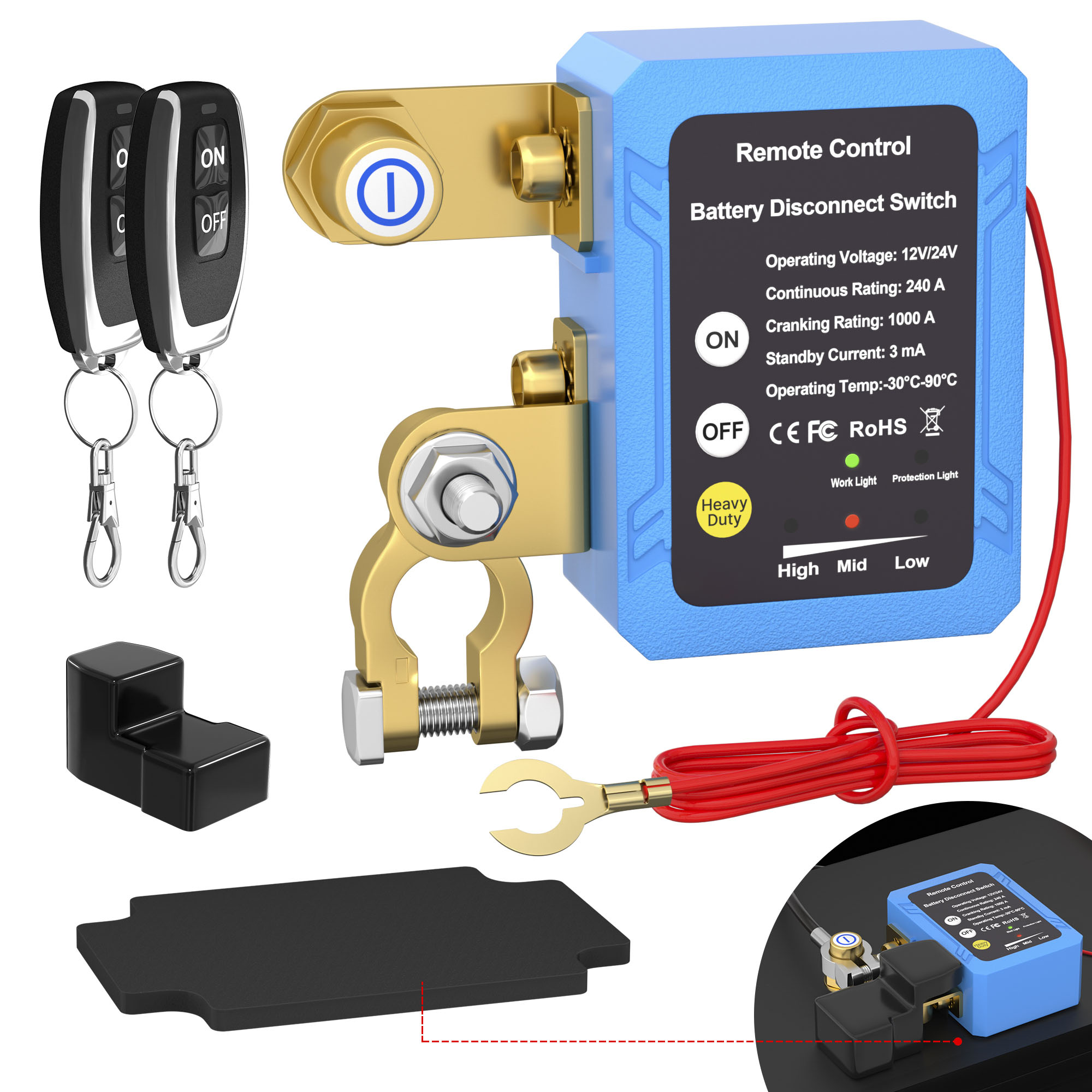RL-240A-RCM2 12V/24V 240A Automatic Disconnect ON-OFF Remote Control Battery Disconnect Switch