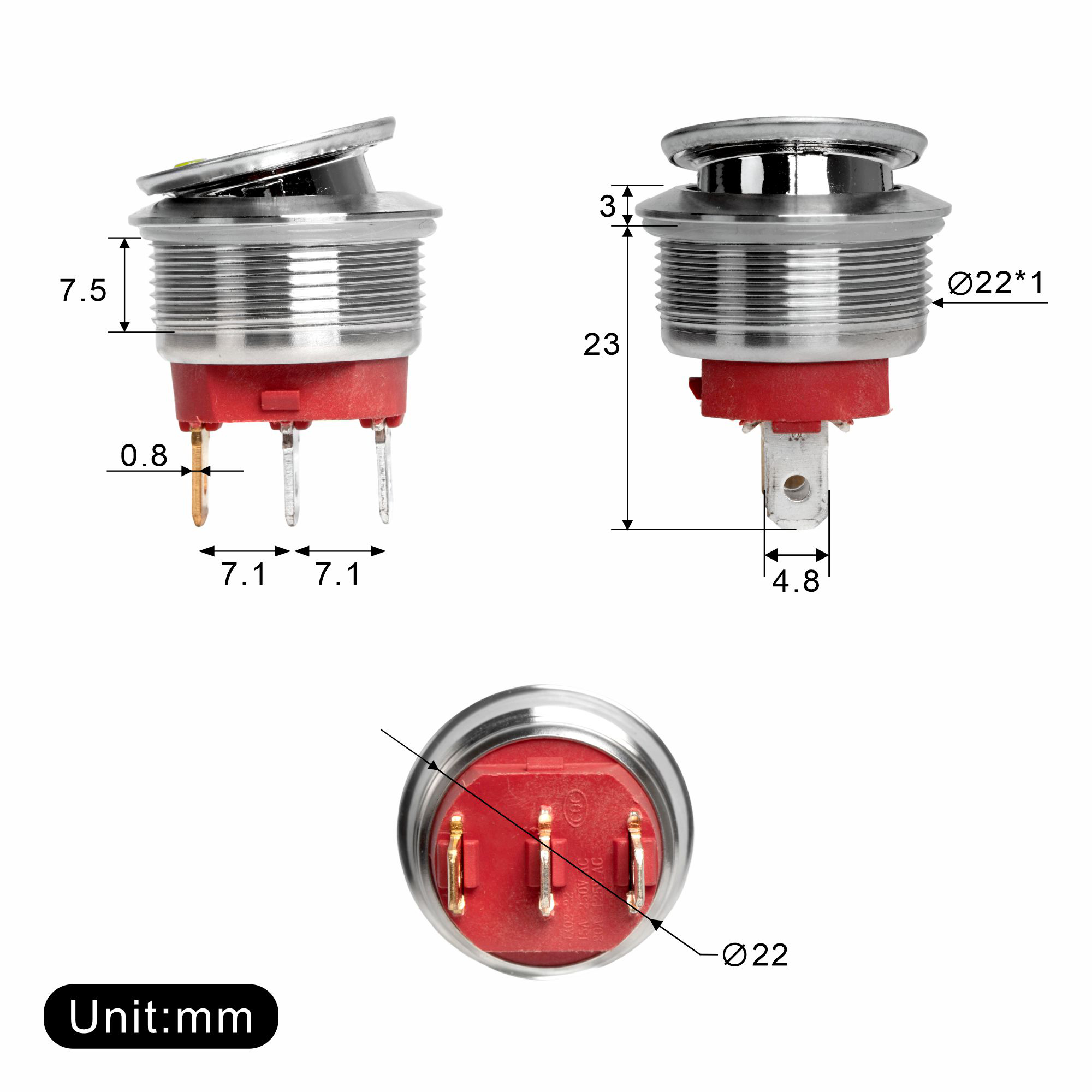KCD2-201NM-22MM 20A SPST Stainless Steel Round Rocker Switch with Lighted Customize Logo