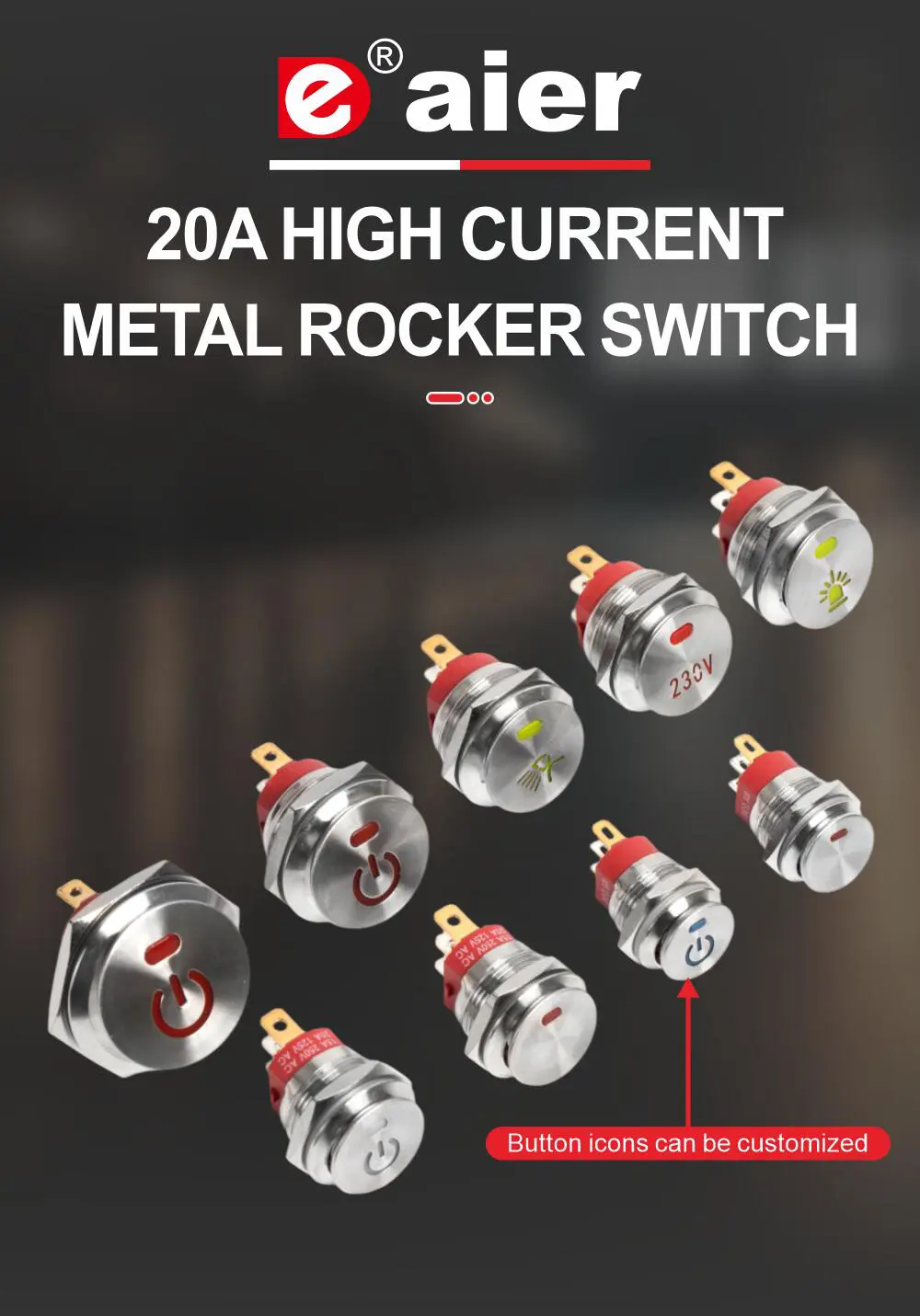 22mm Round Rocker Switch Self-locking 20A 220V Green Light 22mm Round ...