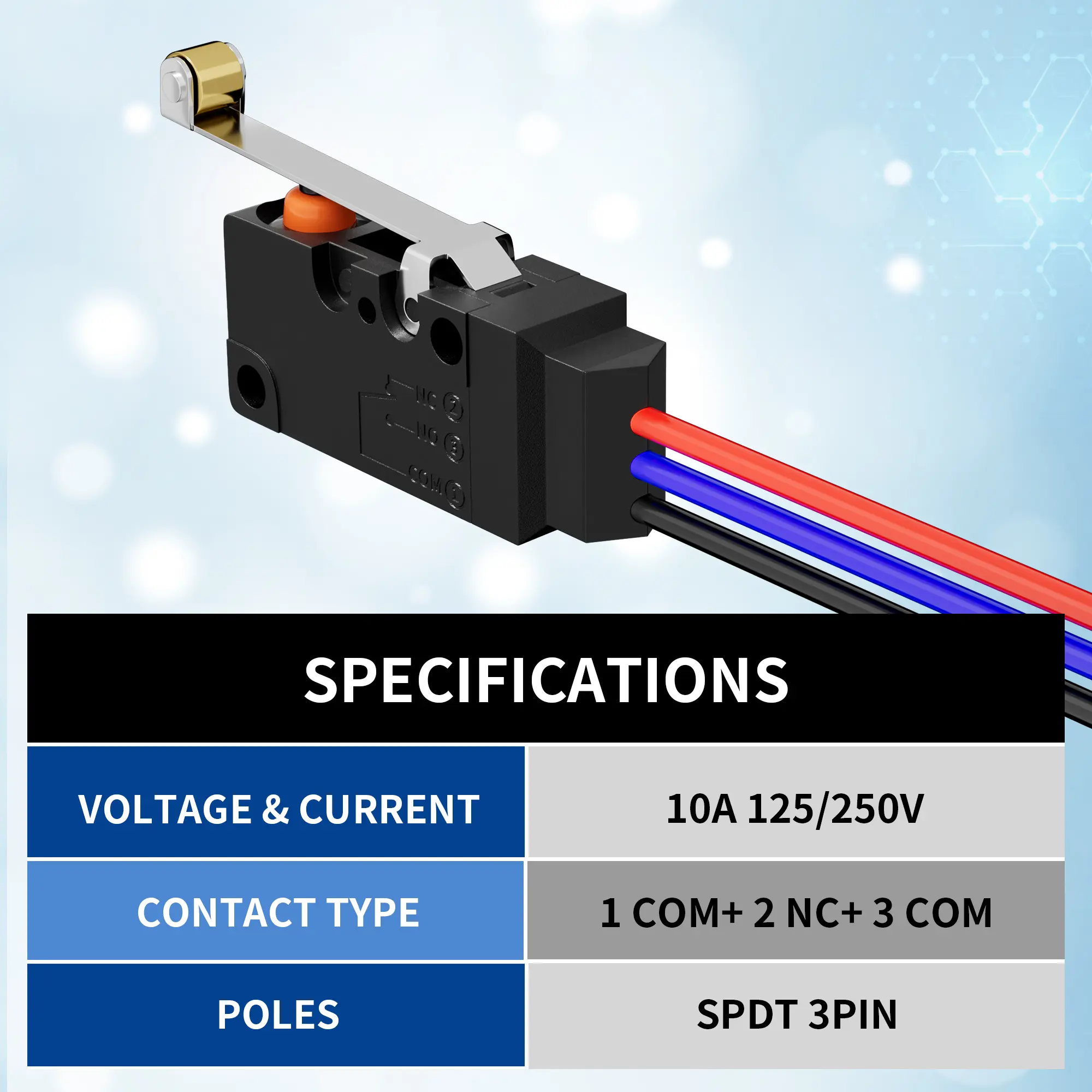SPDT 3 Pin 125/250V 10A Micro Limit Switch With Long Roller - DAIER