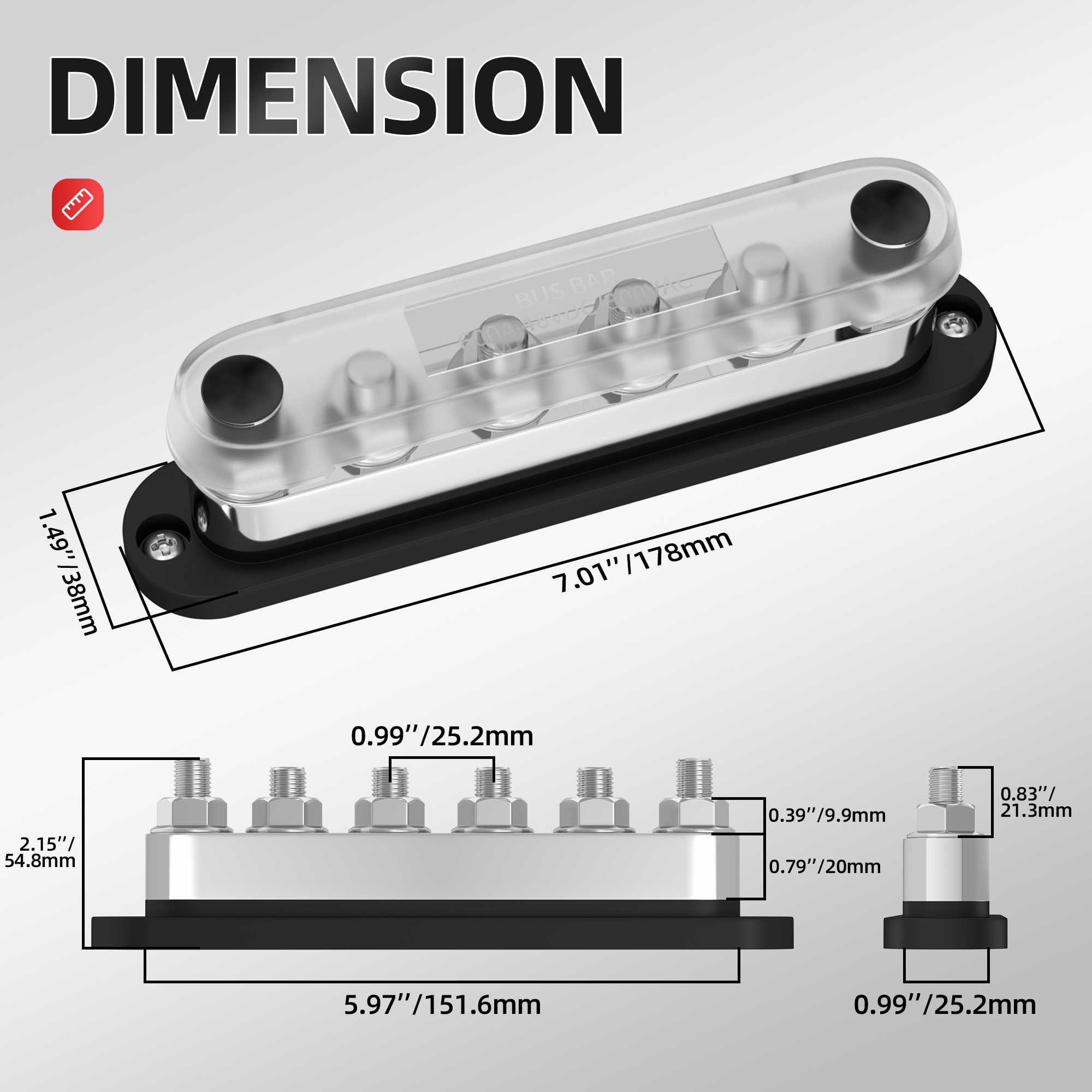 BB600-T6M10-C 600A 48VDC 6 x M10 (3/8″) Stud Power Bus Bar Distribution Block