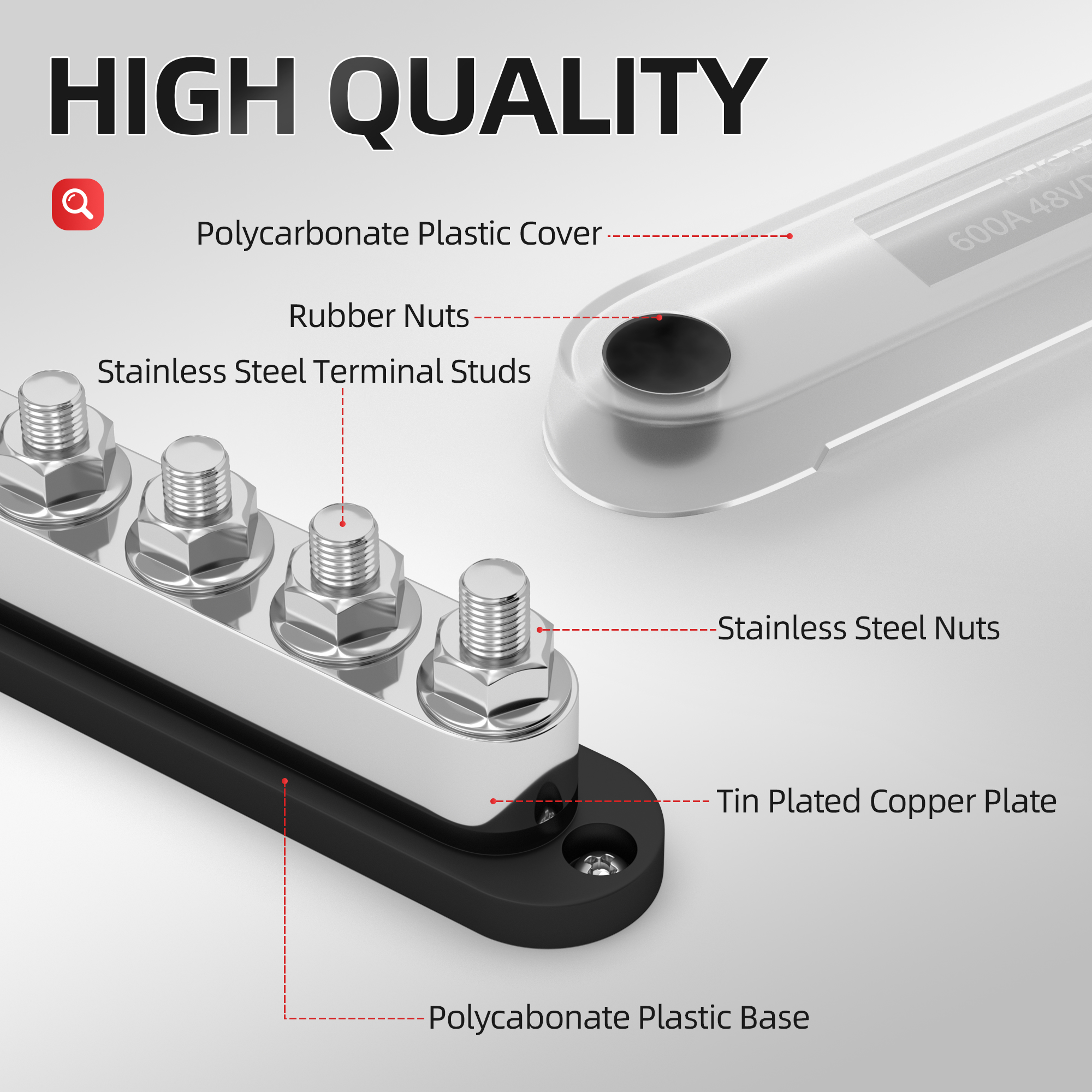 BB600-T6M10-C 600A 48VDC 6 x M10 (3/8″) Stud Power Bus Bar Distribution Block