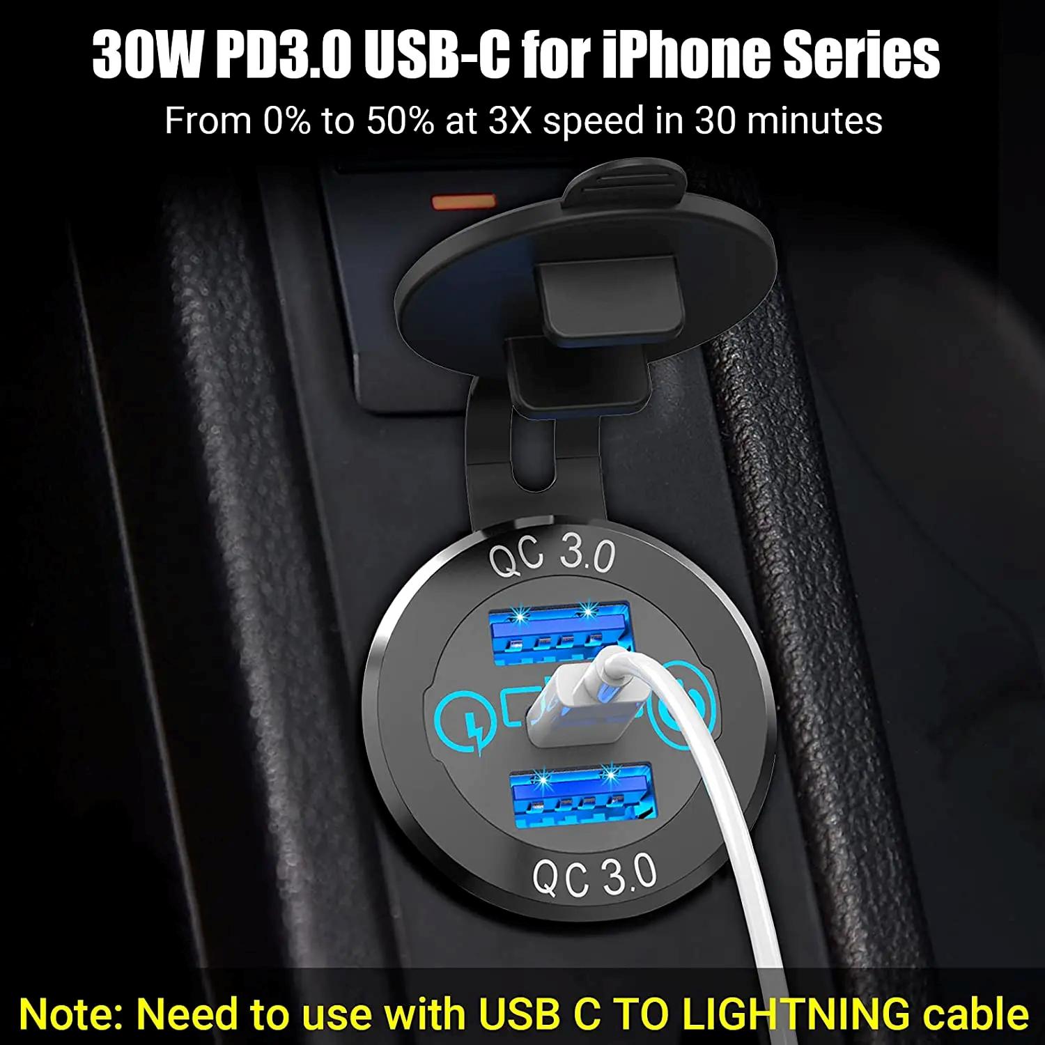 DS2013-P13 3 Ports 12V USB Car Charger with 30W PD3.0 USB-C and Dual 18W QC3.0 Ports