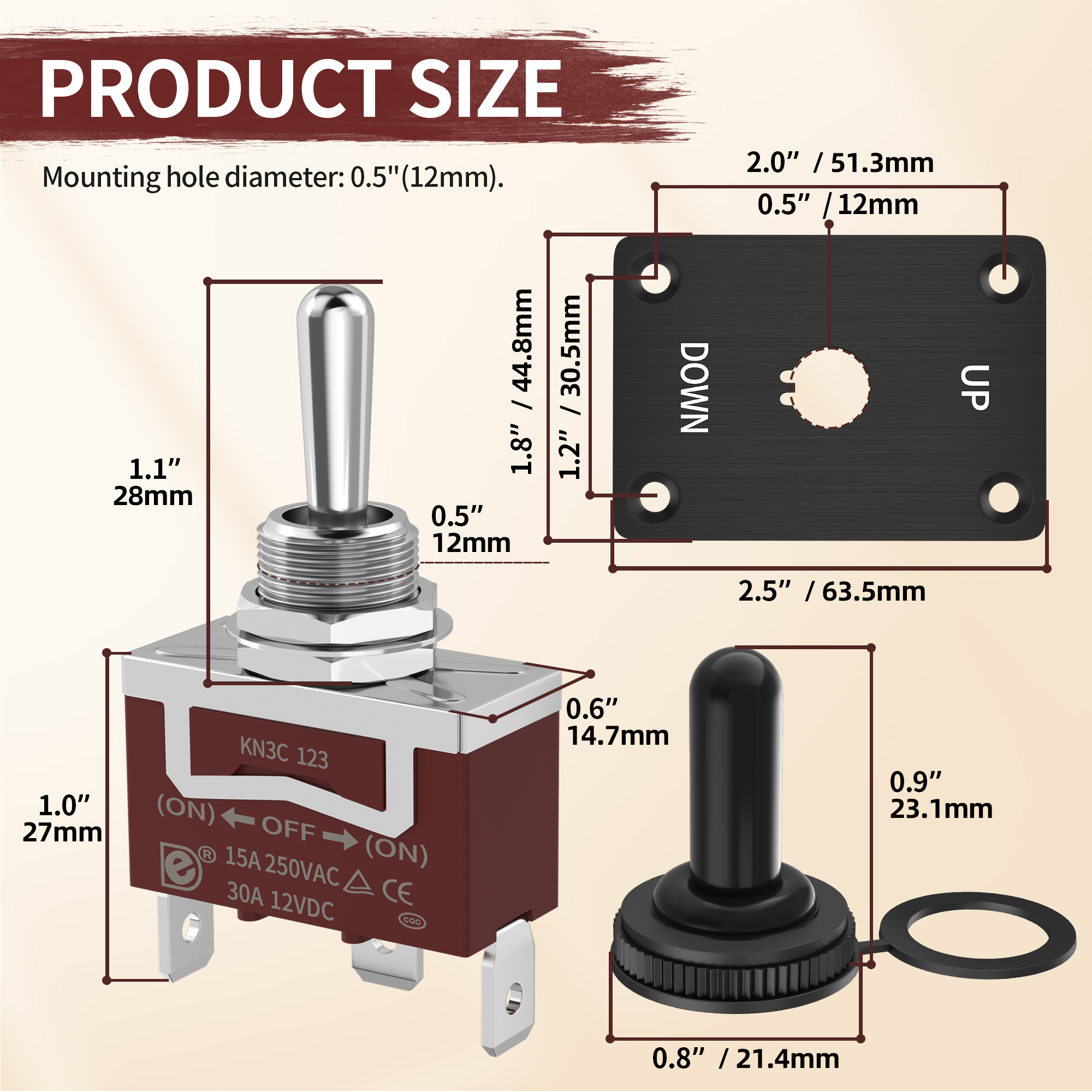 KN3C-123AP+UPDOWN 30A 12V DC 3-Pin Momentary Toggle Switch with UP/Down Mounting Plate
