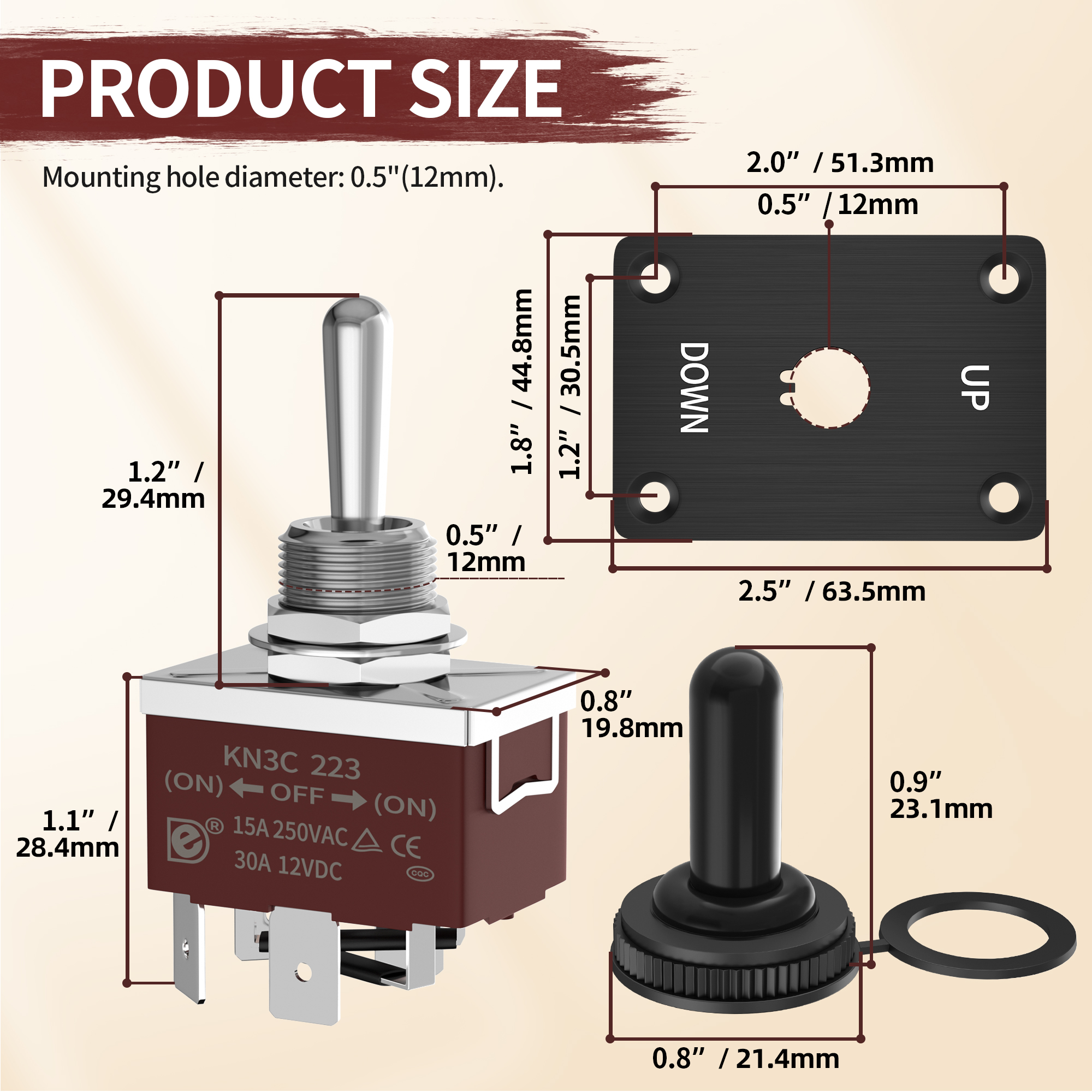 KN3C-223AAP+WPC-06+UPDOWN 30A 12VDC Polarity Reversal (ON)-OFF-(ON) 6 Pin Momentary Toggle Switch