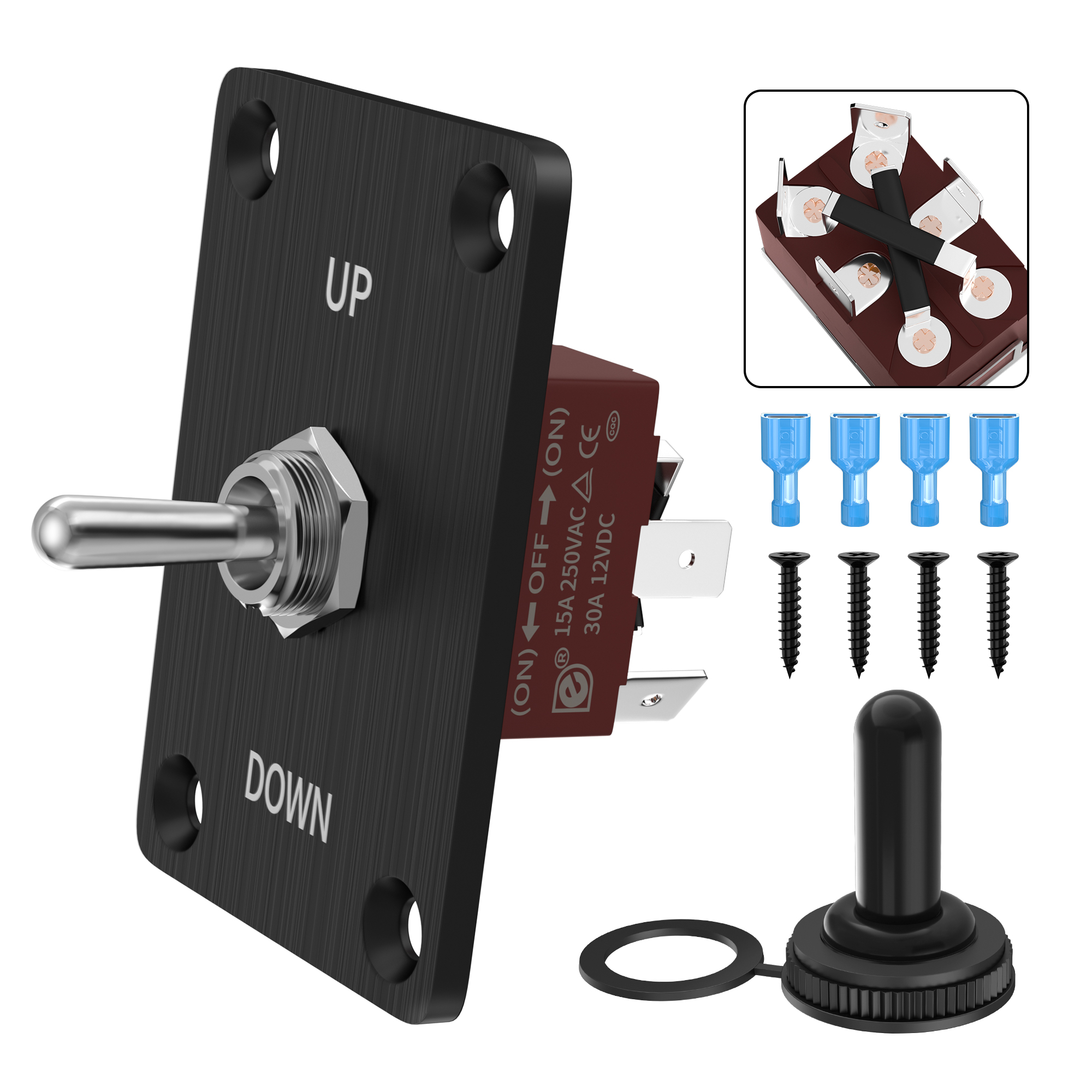 KN3C-223AAP+WPC-06+UPDOWN 30A 12VDC Polarity Reversal (ON)-OFF-(ON) 6 Pin Momentary Toggle Switch
