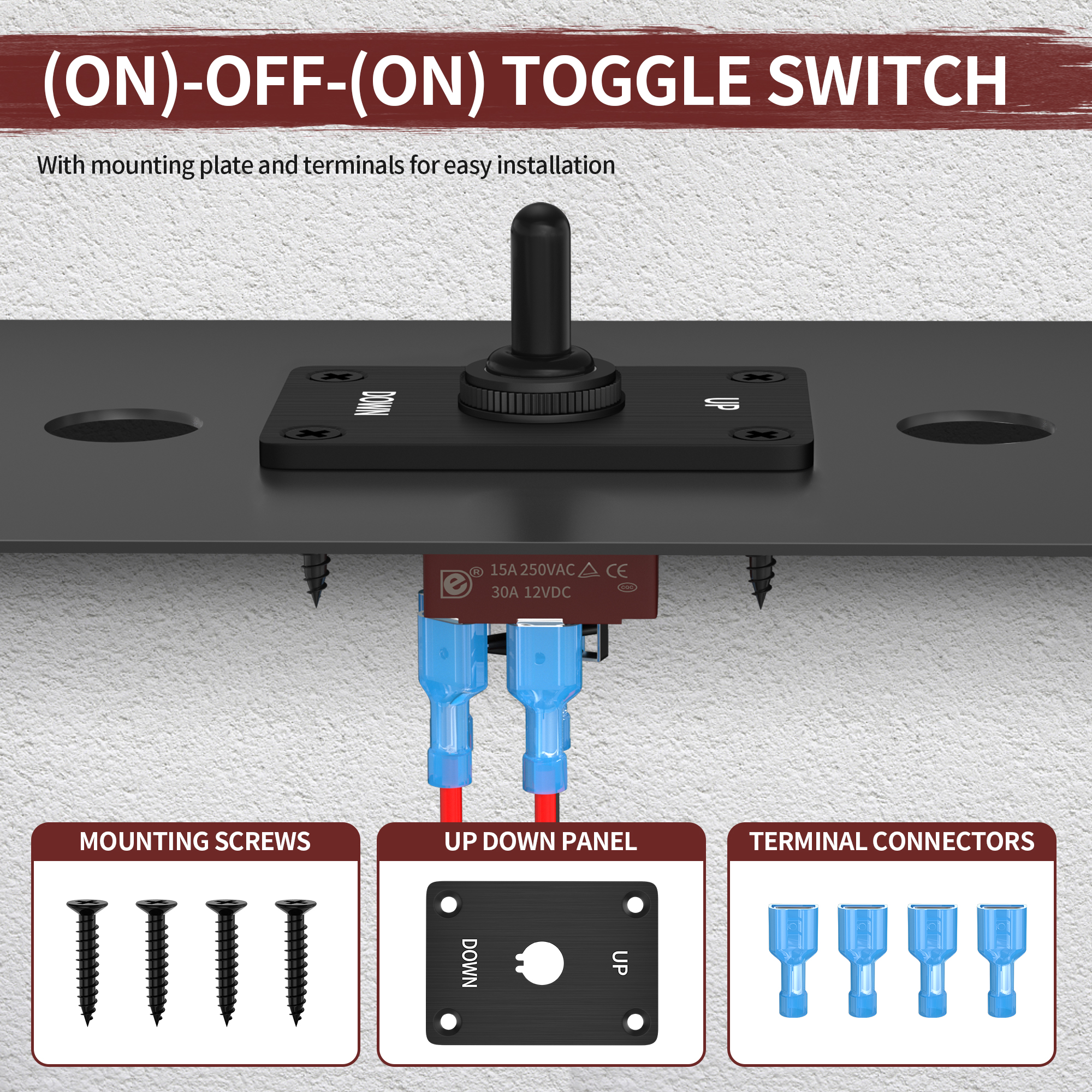 KN3C-223AAP+WPC-06+UPDOWN 30A 12VDC Polarity Reversal (ON)-OFF-(ON) 6 Pin Momentary Toggle Switch