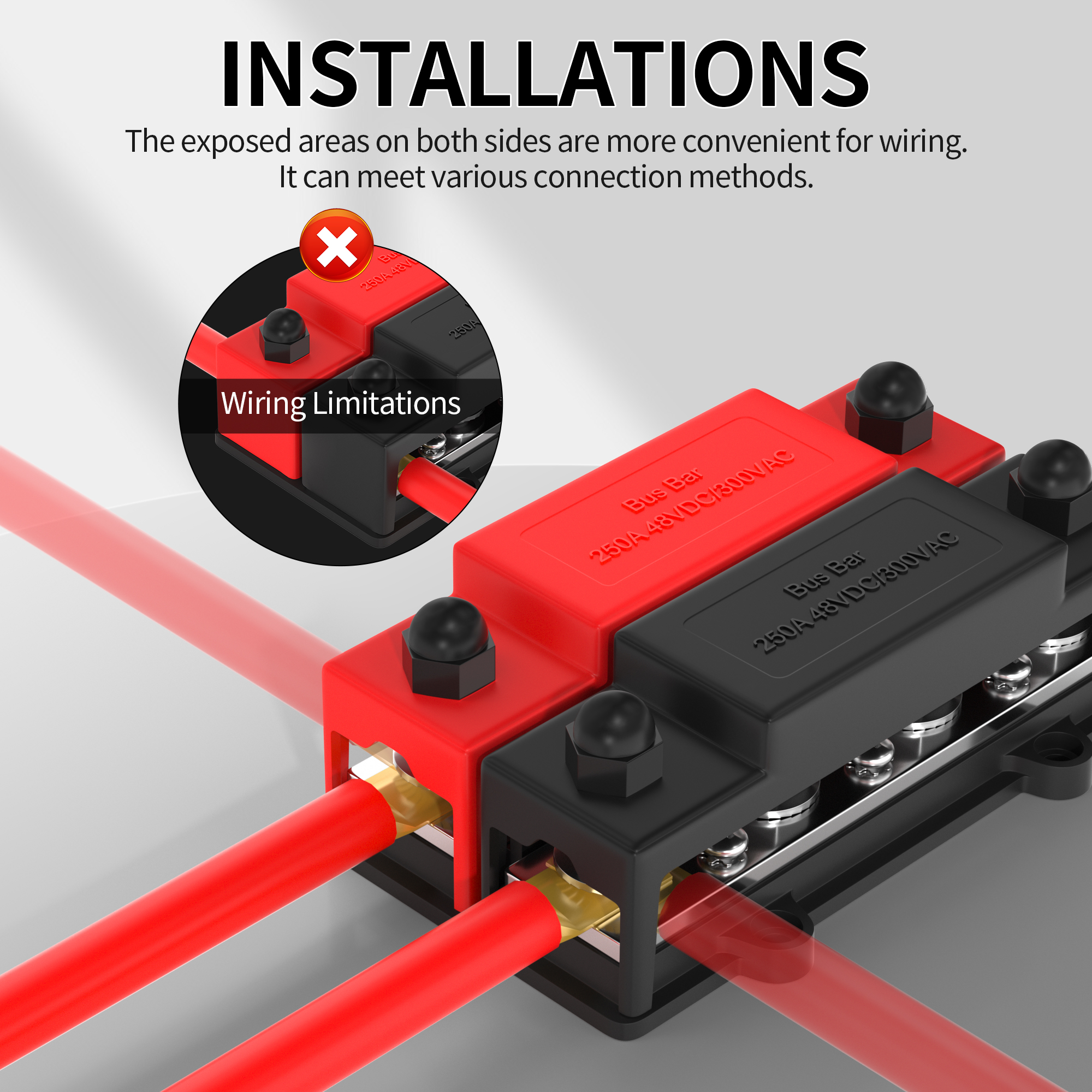 BB250X2-T4M10S3-C 4xM10 250A Dual Row Busbar Power Distribution Block with Positive and Negative