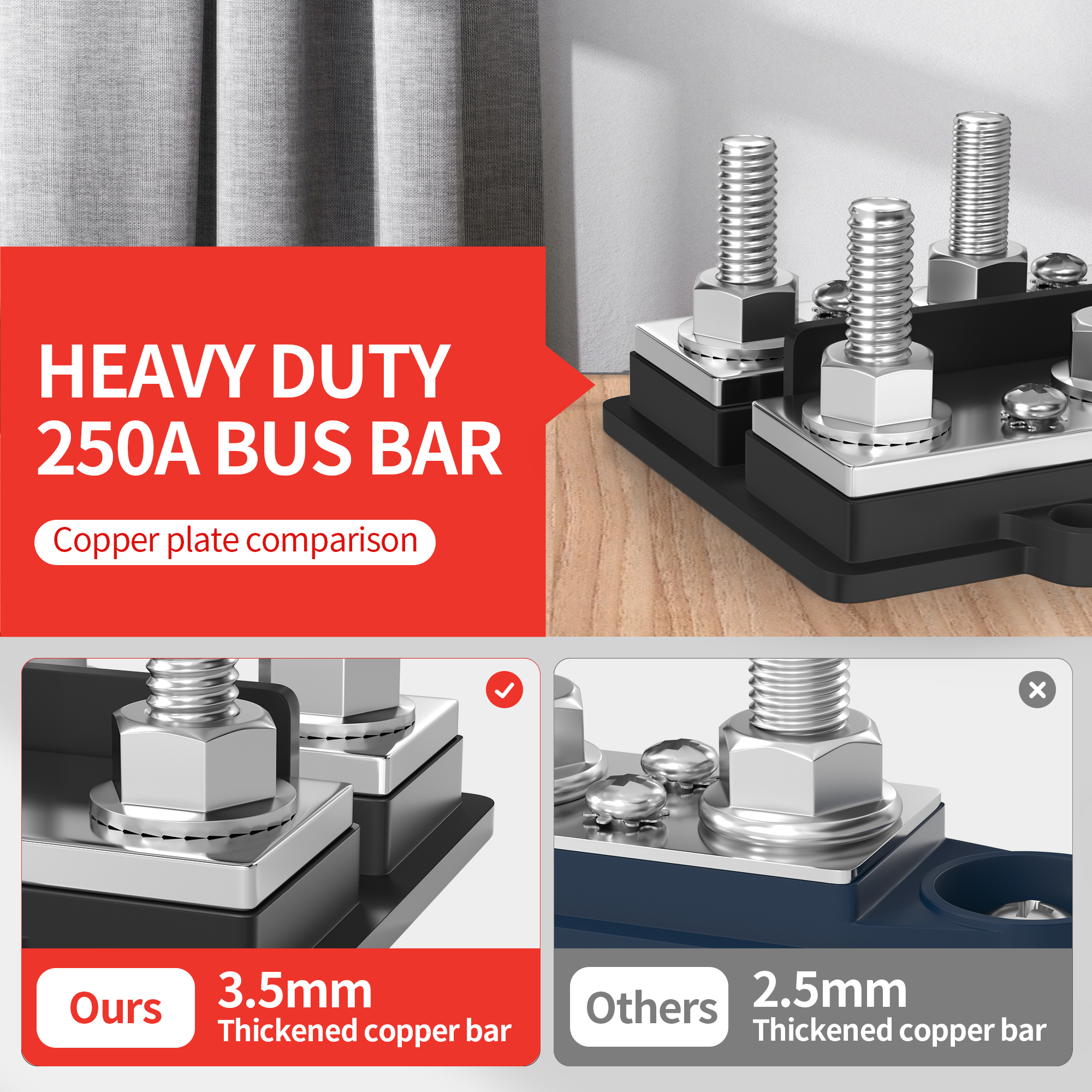 BB250X2-T4M10S3-C 4xM10 250A Dual Row Busbar Power Distribution Block with Positive and Negative