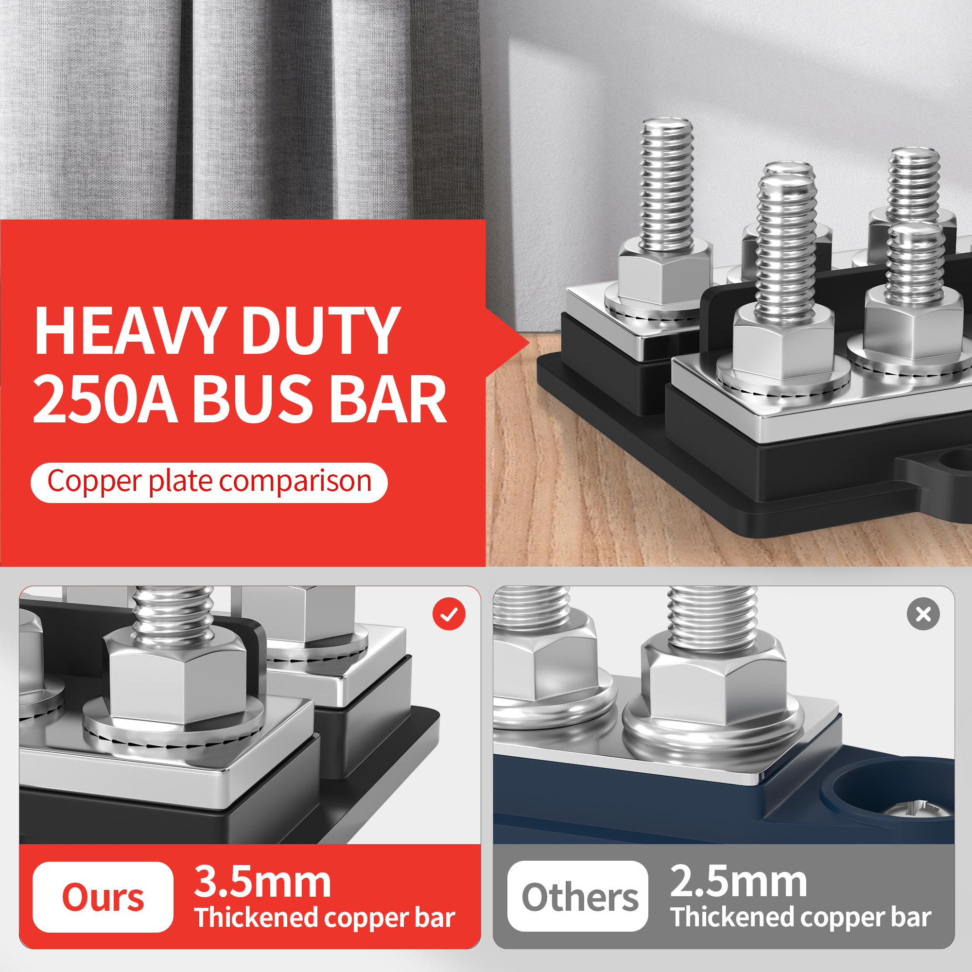 BB250X2-T6M8-C 250A 48VDC Positive and Negative Dual Bus Bar with 12×M8 Studs