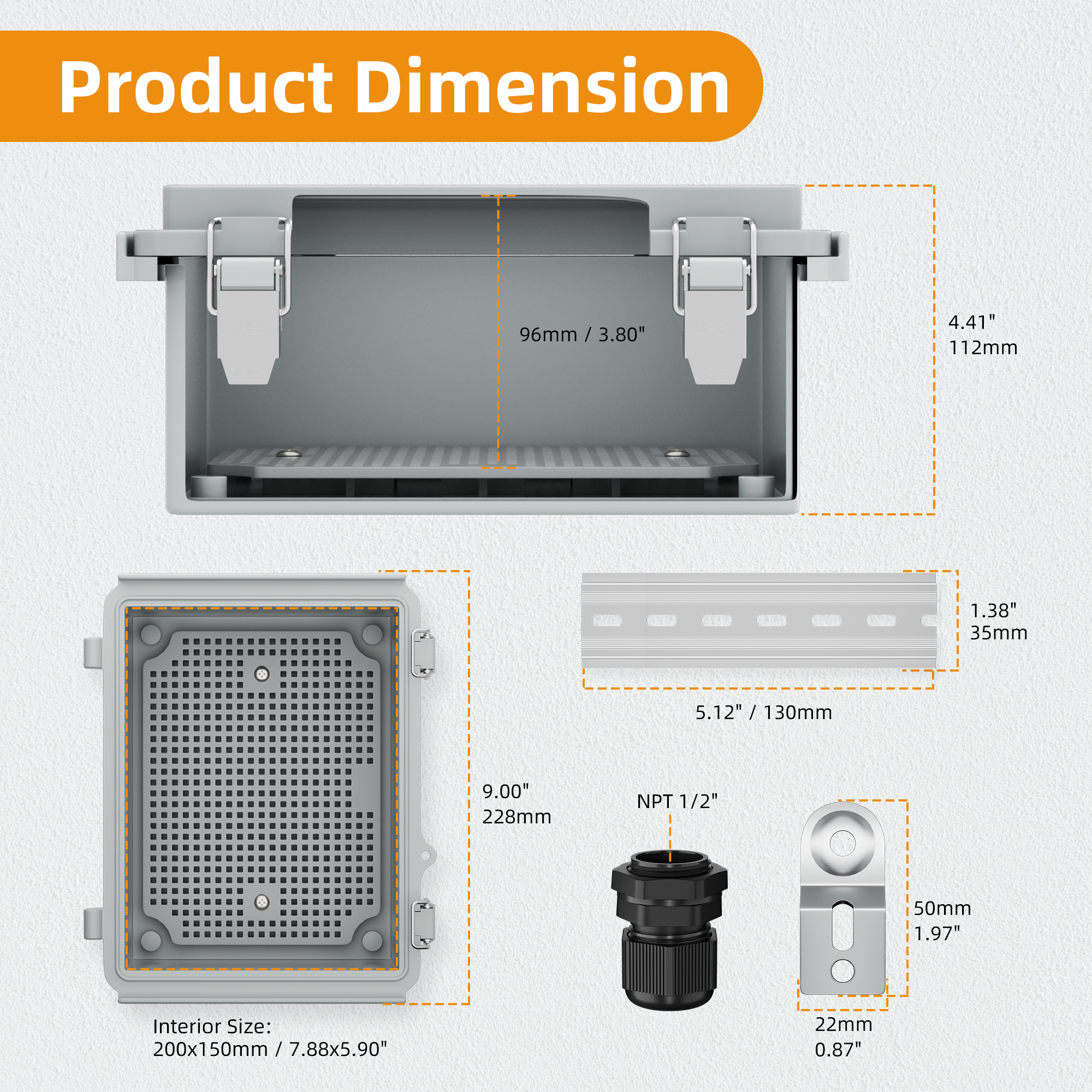 BG22x17x11-JFFD IP67 Weatherproof Plastic Outdoor Electrical Enclosure Box – 8.7″x6.7″x4.3″