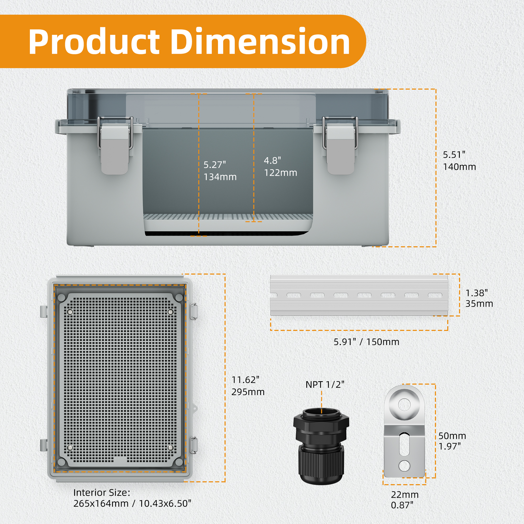 BG29X19X14T-JFFD IP67 Waterproof Electrical Junction Box with Mounting Plate – 11.4″x7.5″x5.5″