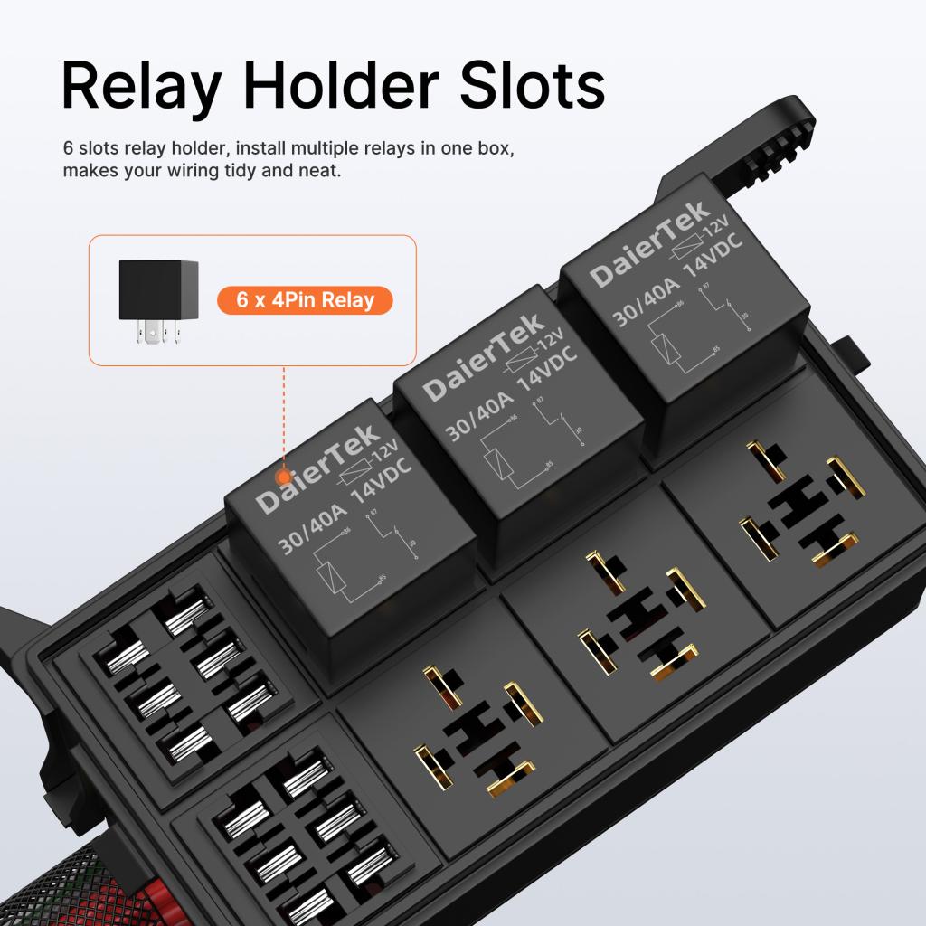 Pre-wired 12 Volt Auto Fuses And Relays Box With 6 Slots - Daier